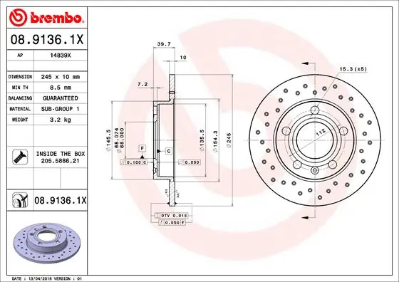 BREMBO Bremsscheibe - 08.9136.1X - TothCarparts