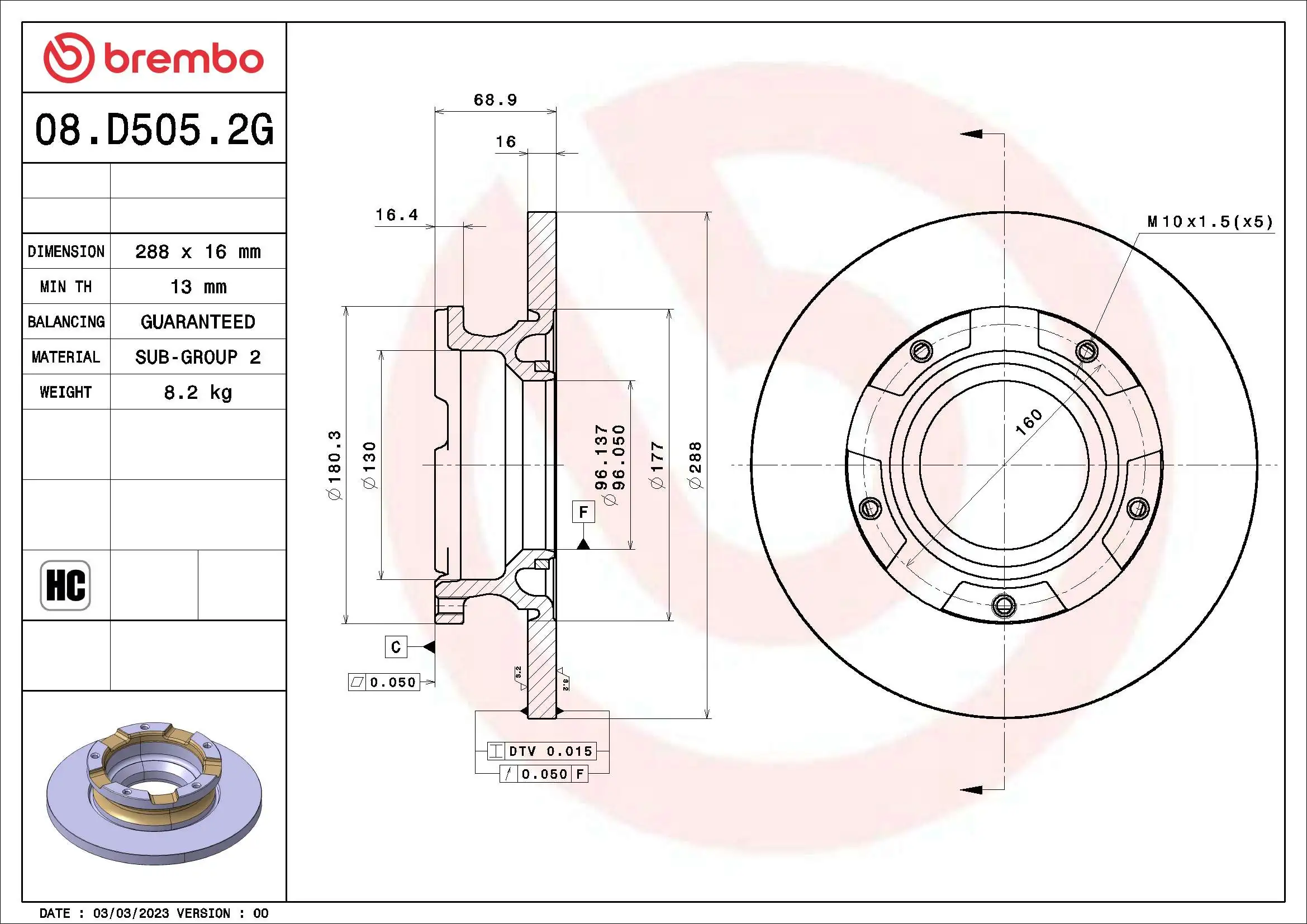 BREMBO féktárcsa - 08.D505.2G - TothCarparts