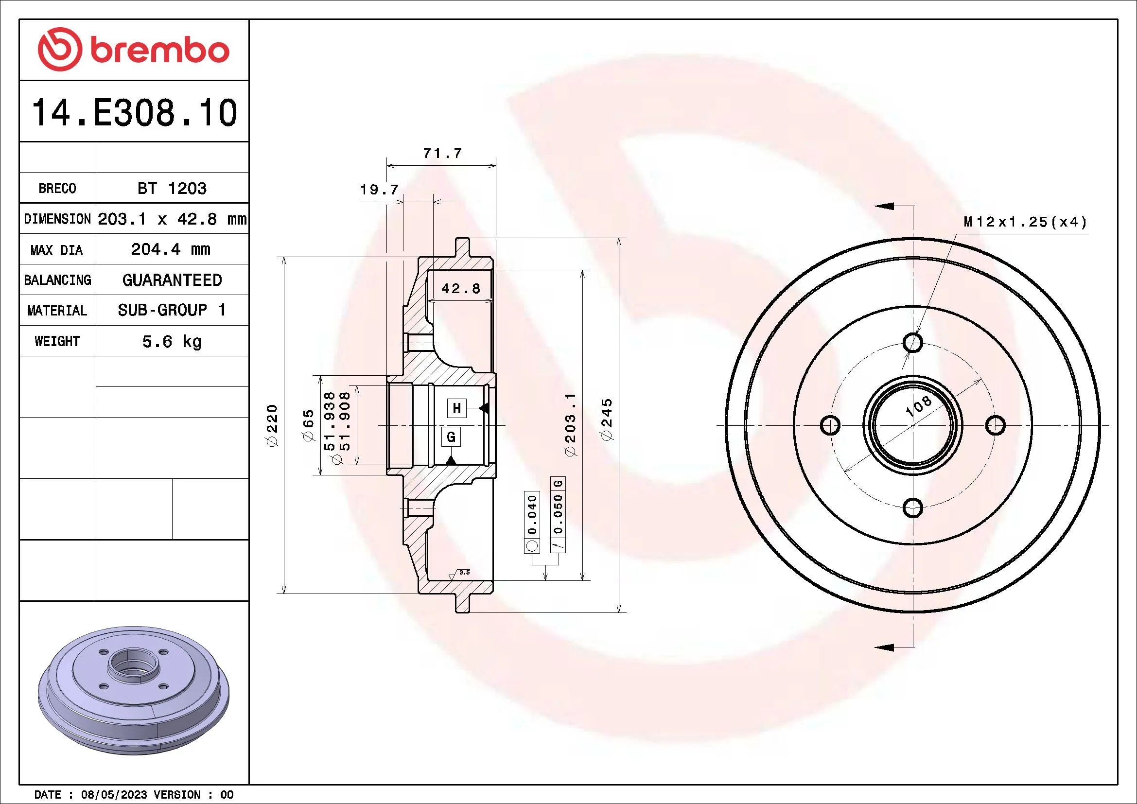 BREMBO fékdob - 14.E308.10 - TothCarparts