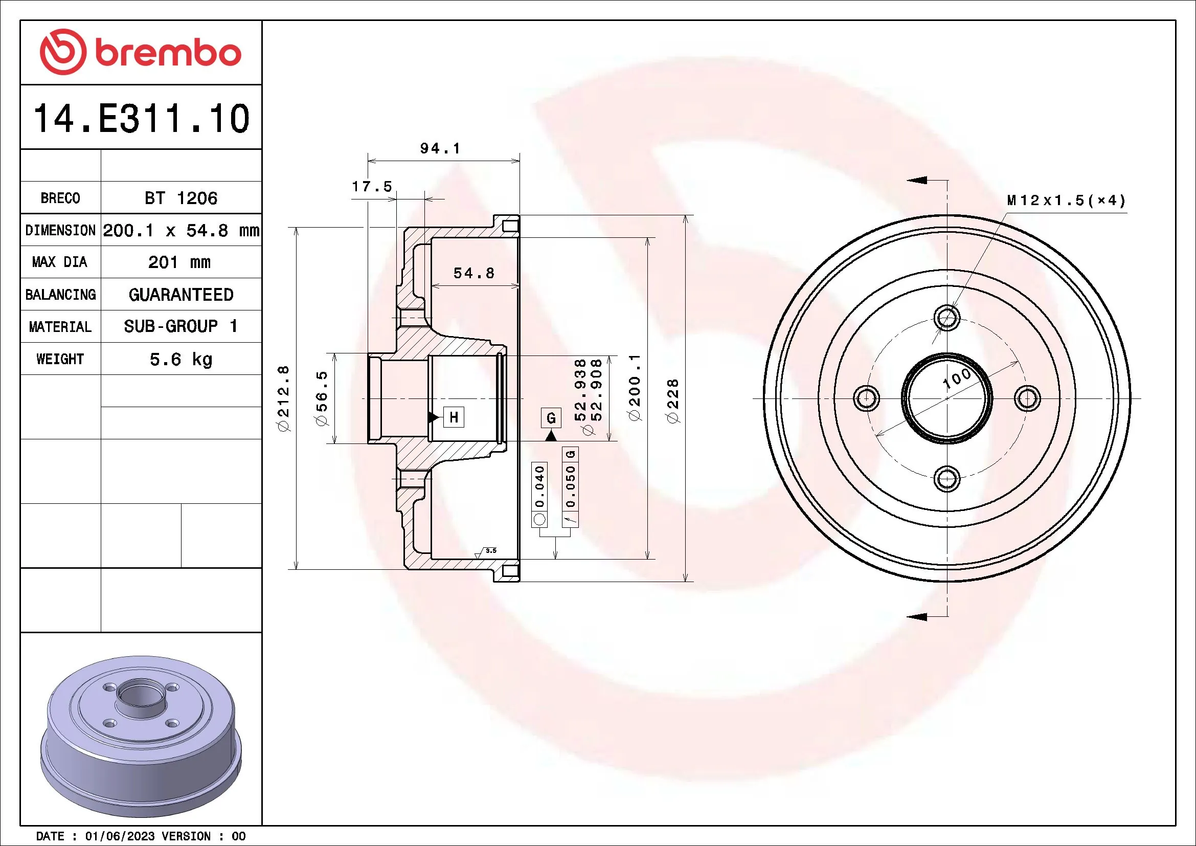 BREMBO fékdob - 14.E311.10 - TothCarparts