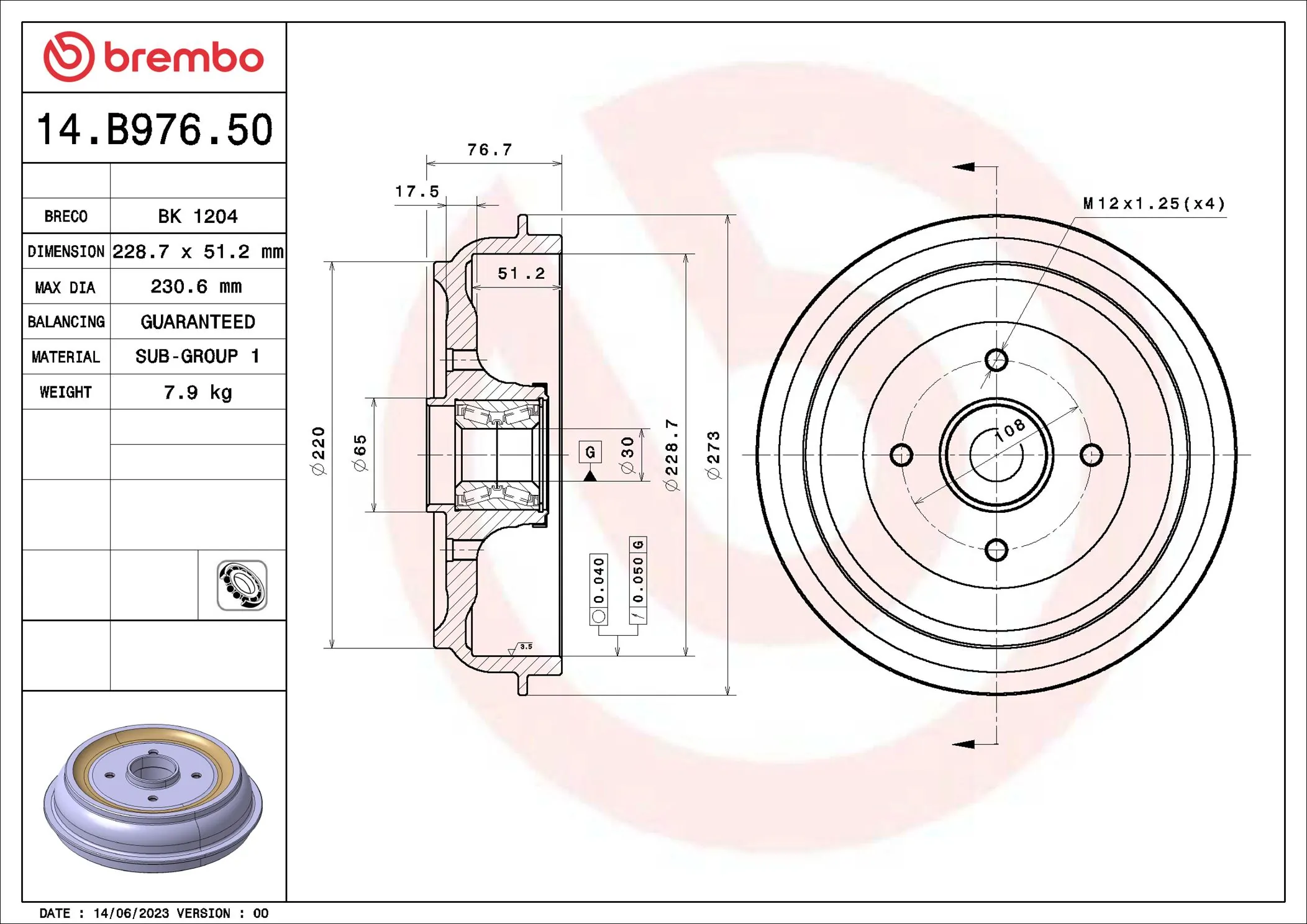 BREMBO fékdob - 14.B976.50 - TothCarparts