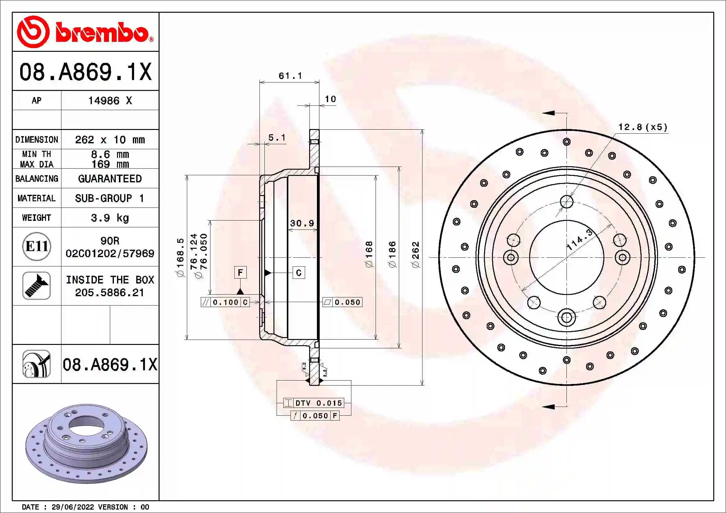 BREMBO féktárcsa - 08.A869.1X - TothCarparts