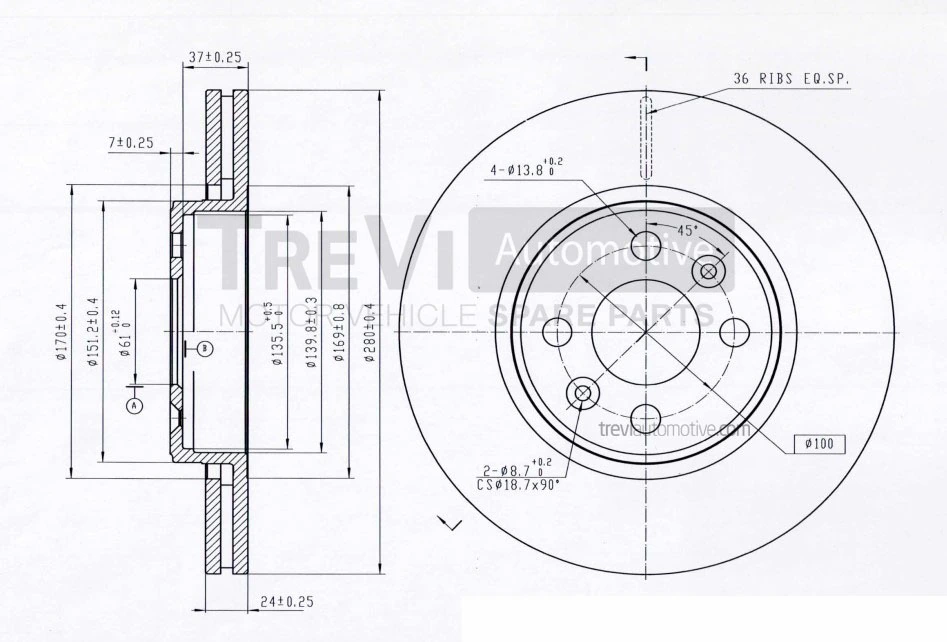 TREVI AUTOMOTIVE féktárcsa - BD1136 - TothCarparts