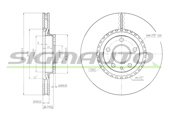 SIGMAUTO féktárcsa - DBA156V - TothCarparts
