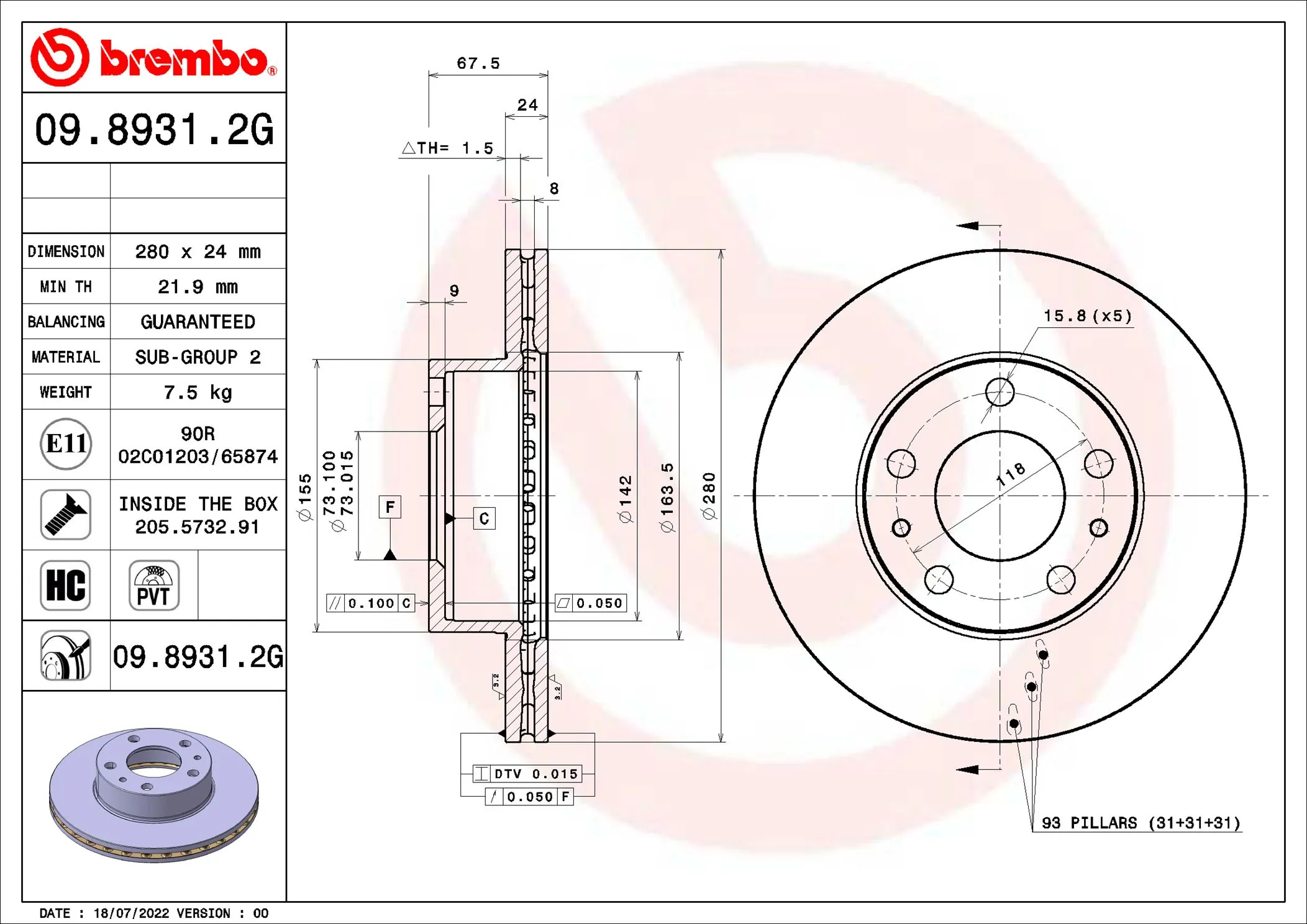 BREMBO féktárcsa - 09.8931.2G - TothCarparts