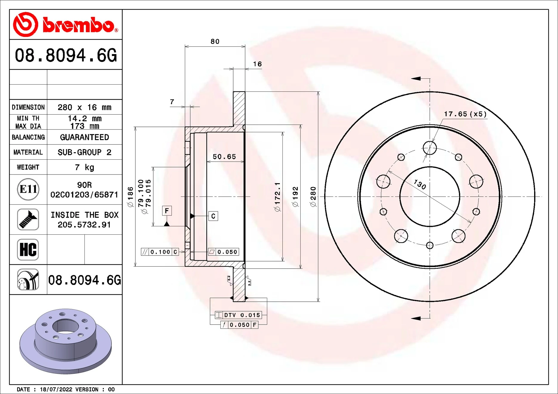BREMBO féktárcsa - 08.8094.6G - TothCarparts