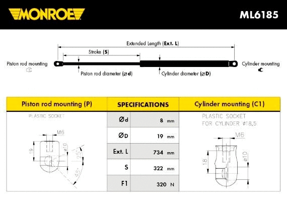MONROE gázrugó, motorházfedél - ML6185 - TothCarparts