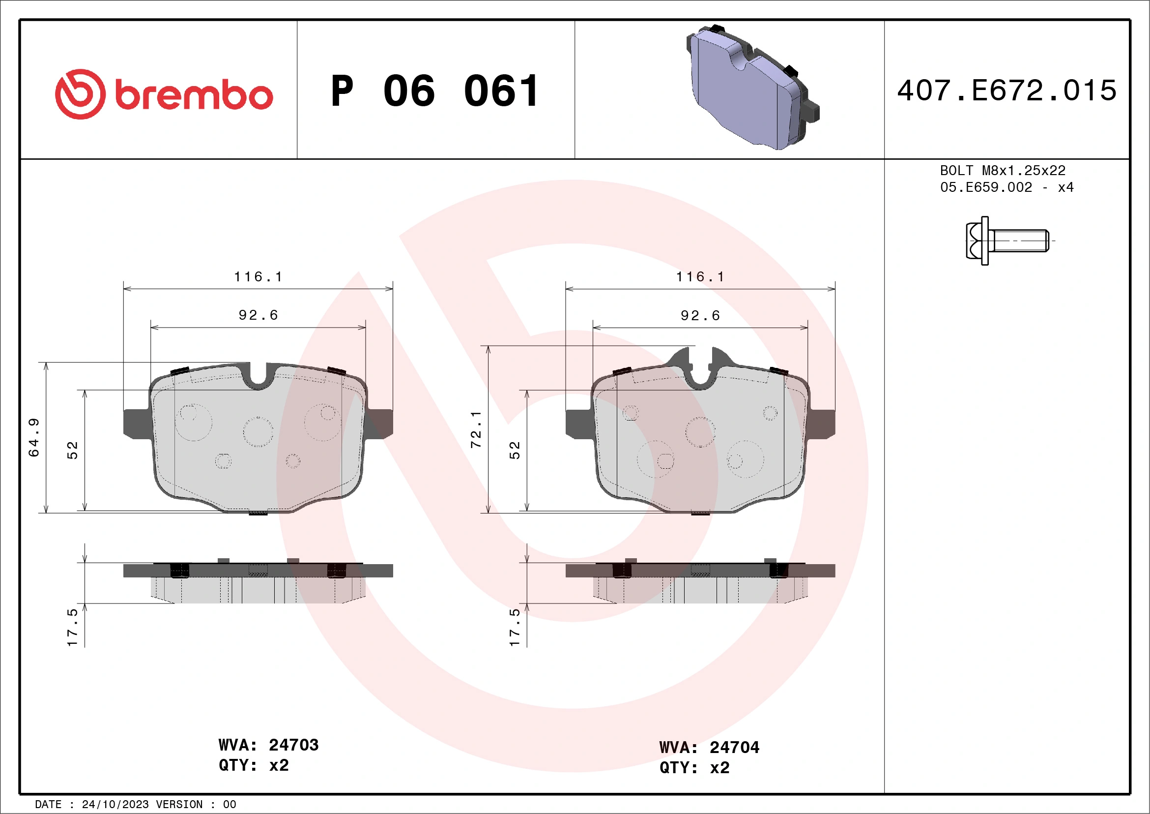 BREMBO fékbetétkészlet, tárcsafék - P 06 061 - TothCarparts