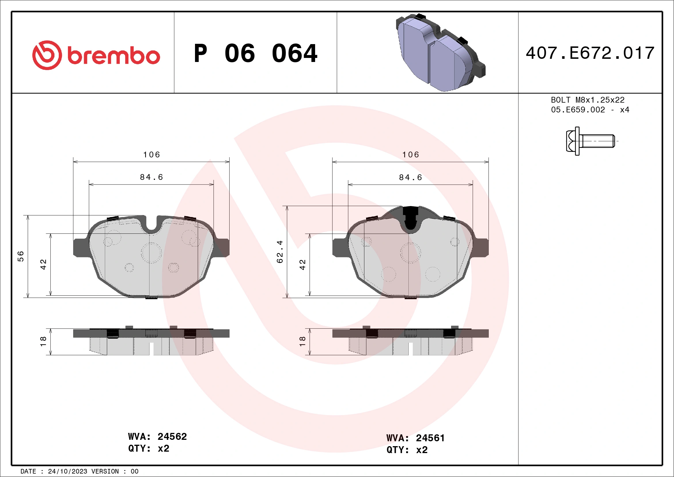 BREMBO fékbetétkészlet, tárcsafék - P 06 064 - TothCarparts