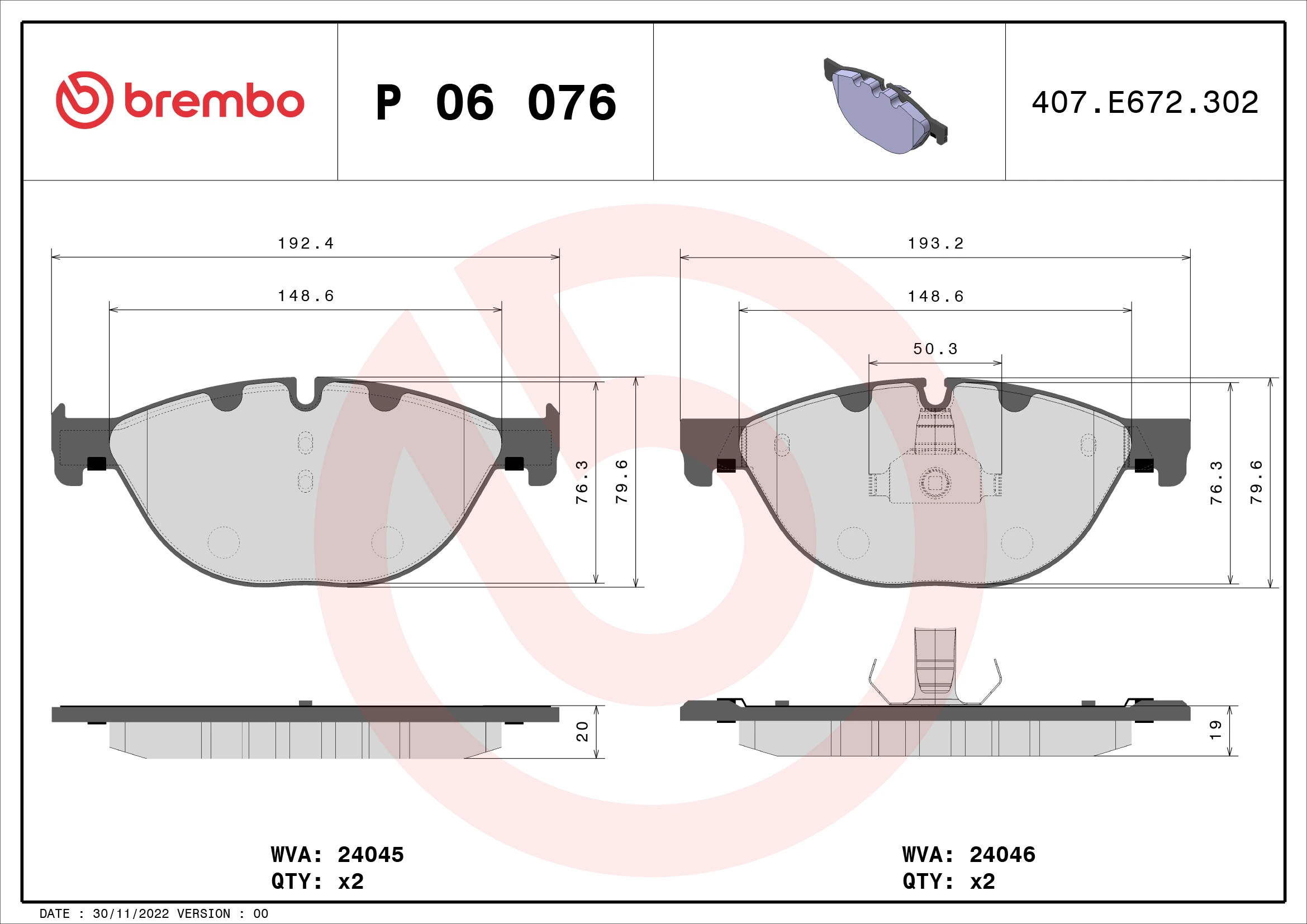 BREMBO fékbetétkészlet, tárcsafék - P 06 076 - TothCarparts