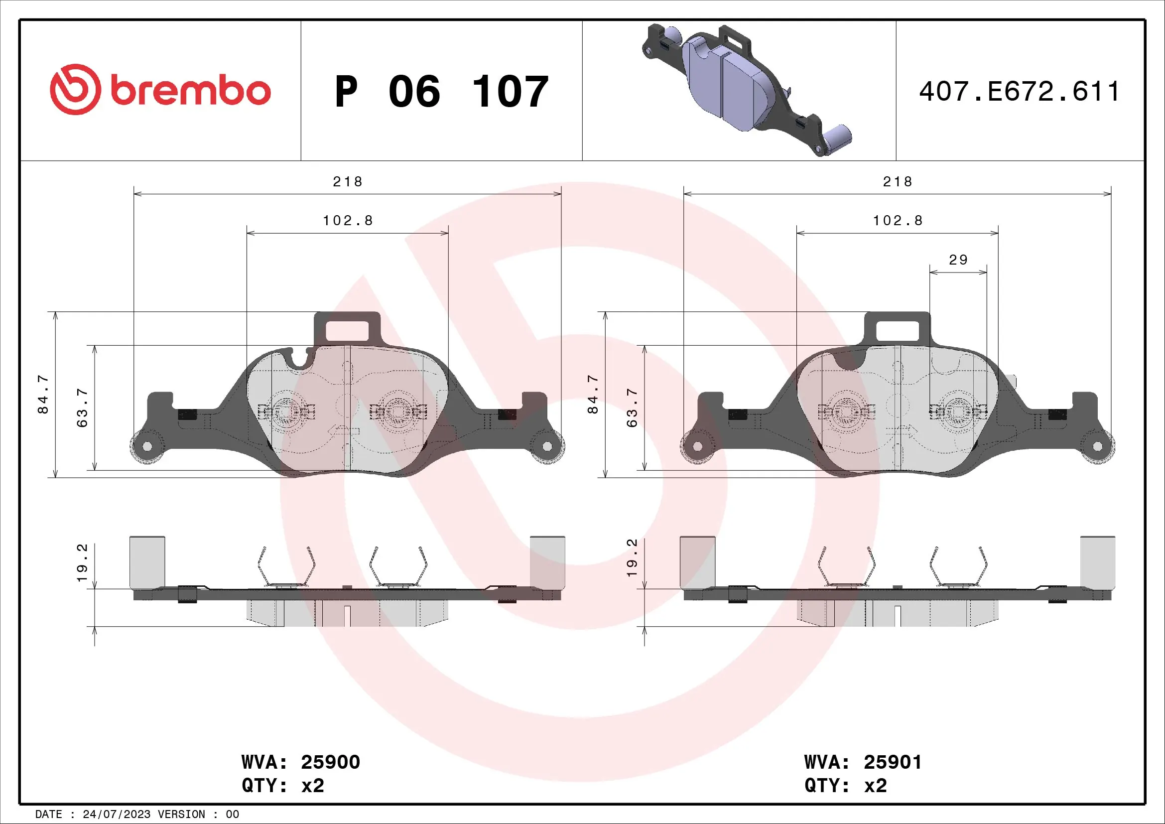 BREMBO fékbetétkészlet, tárcsafék - P 06 107 - TothCarparts