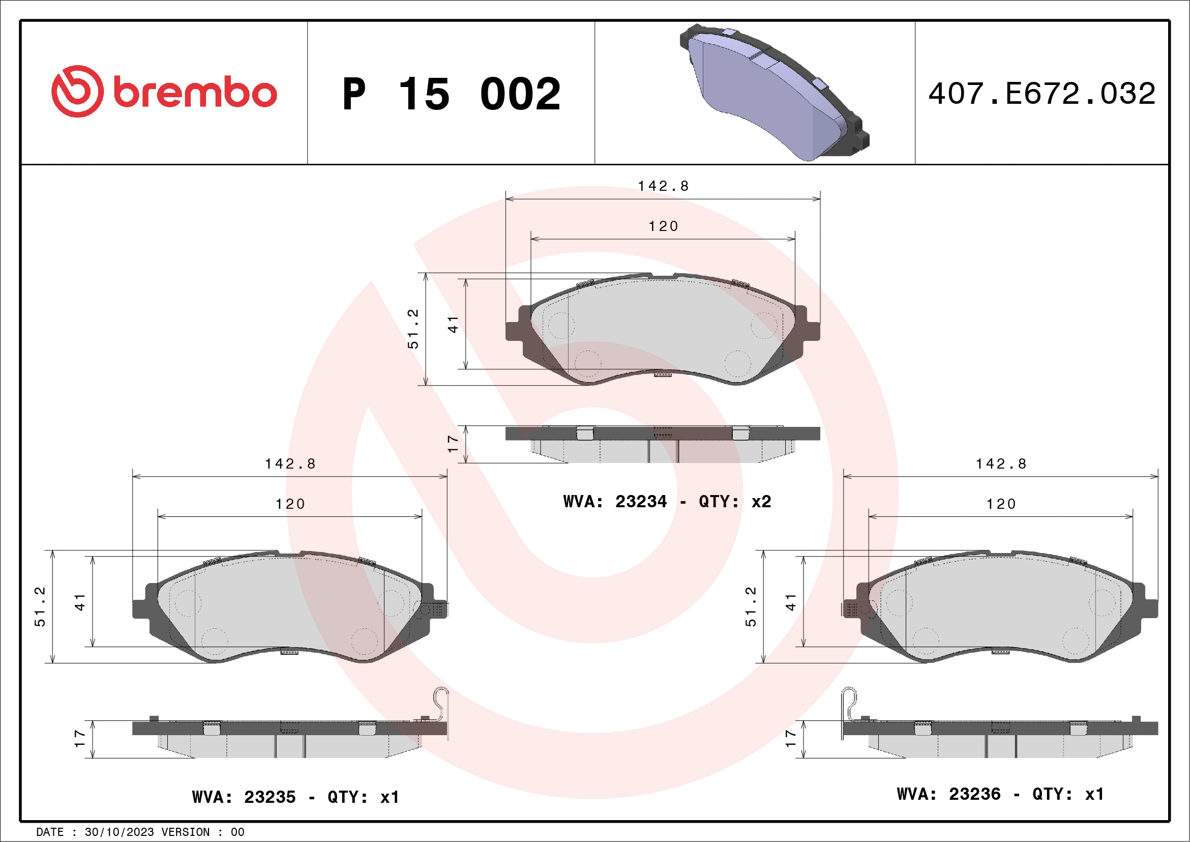 BREMBO fékbetétkészlet, tárcsafék - P 15 002 - TothCarparts