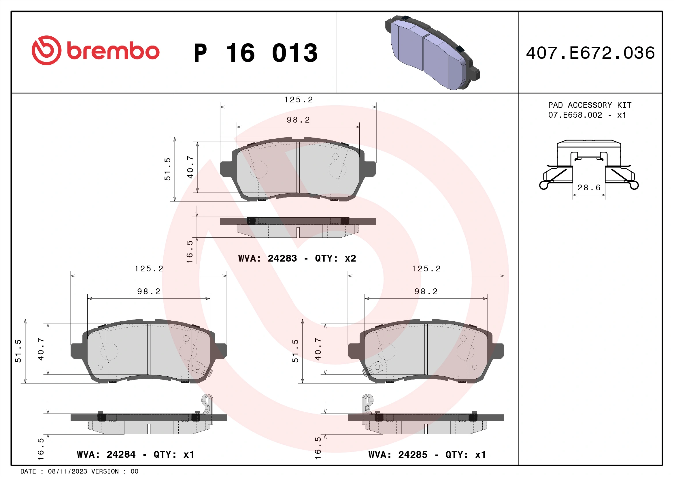 BREMBO fékbetétkészlet, tárcsafék - P 16 013X - TothCarparts