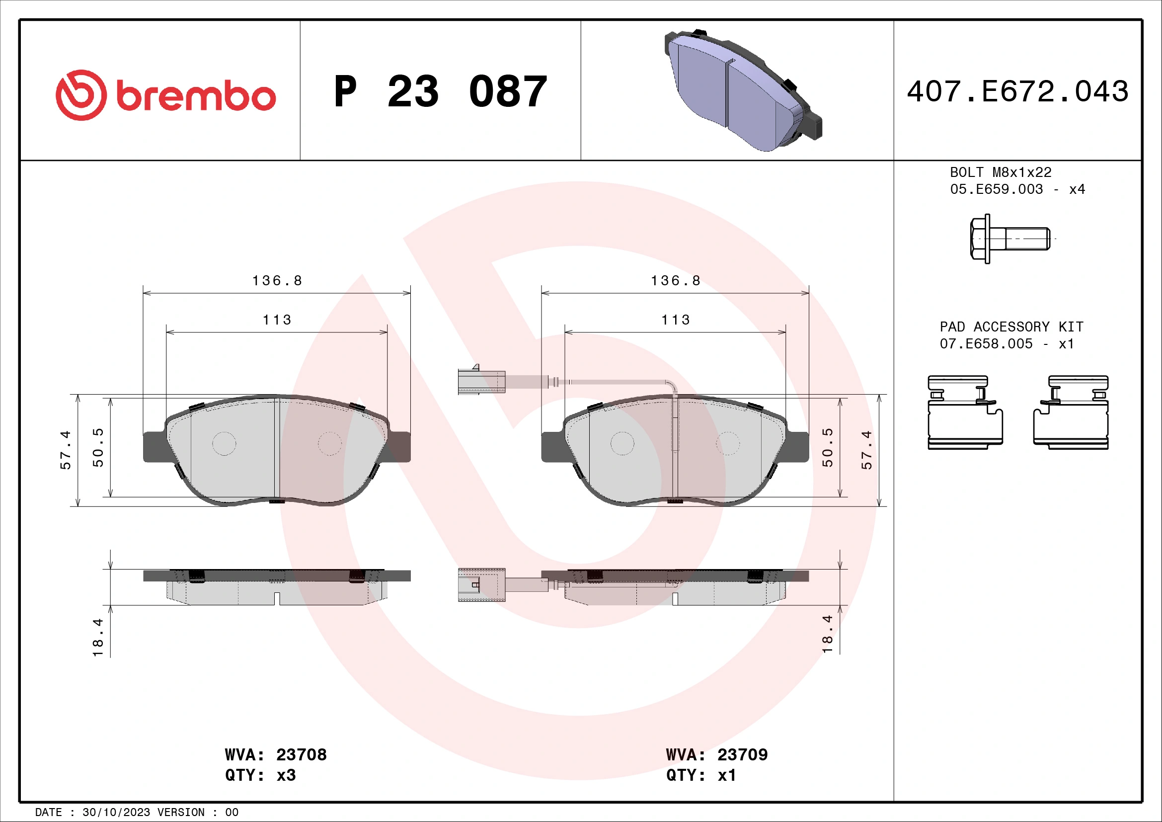 BREMBO fékbetétkészlet, tárcsafék - P 23 087 - TothCarparts