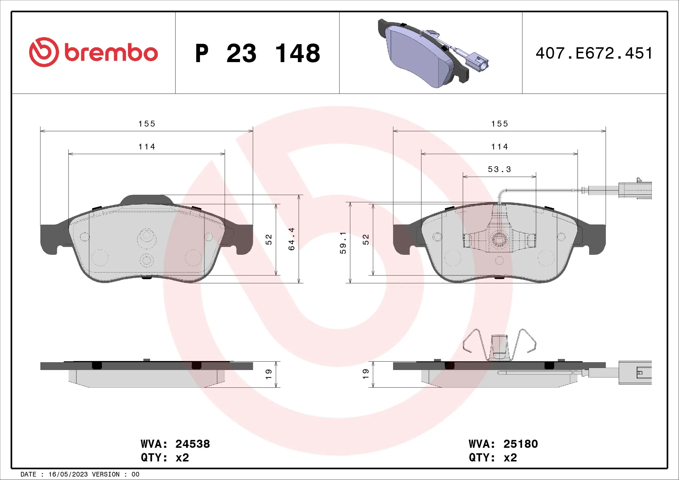 BREMBO fékbetétkészlet, tárcsafék - P 23 148X - TothCarparts