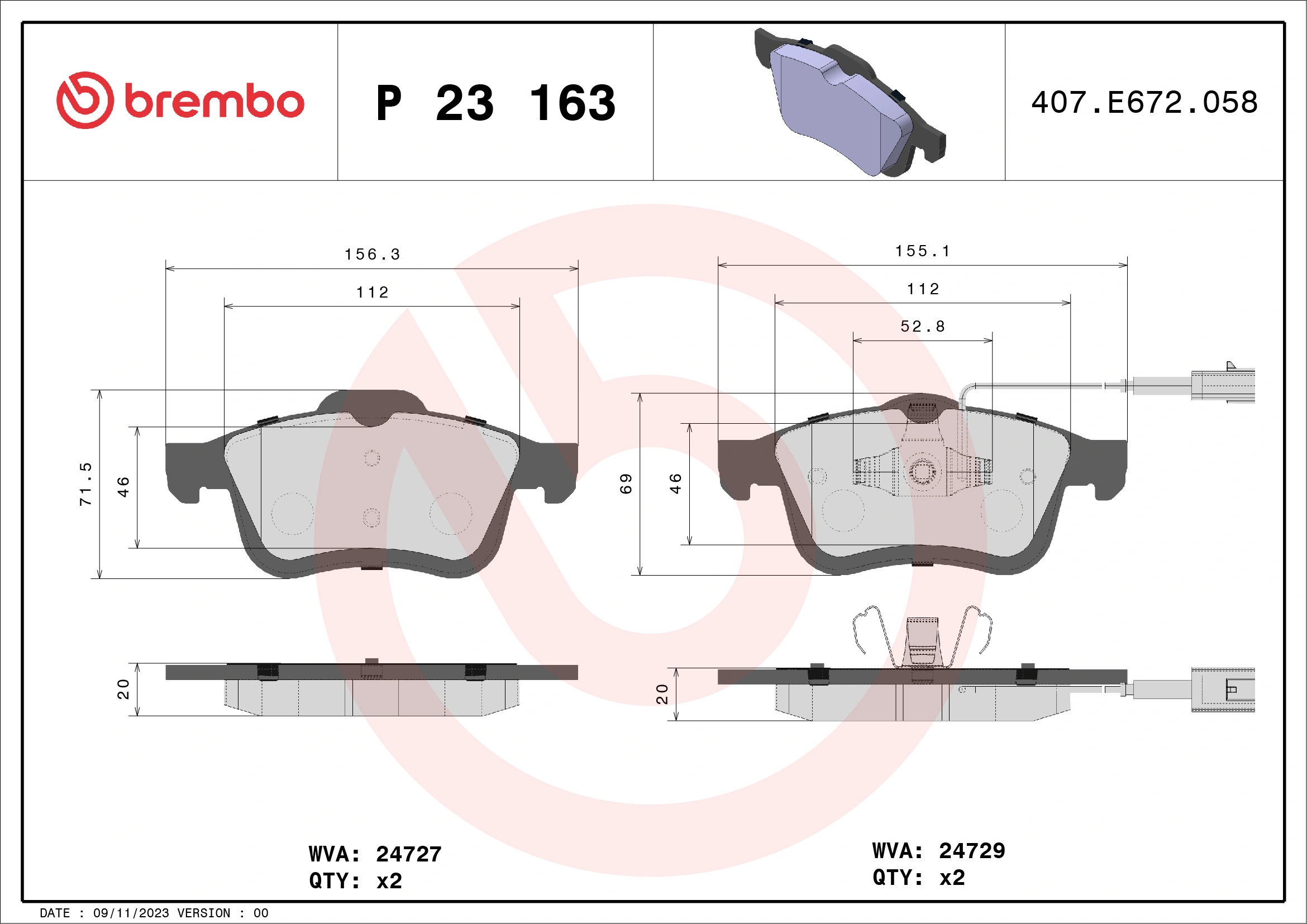BREMBO fékbetétkészlet, tárcsafék - P 23 163 - TothCarparts