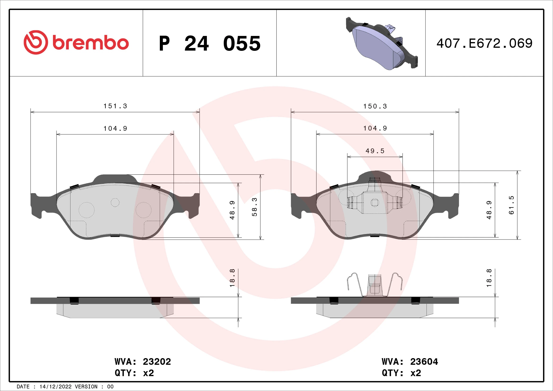BREMBO fékbetétkészlet, tárcsafék - P 24 055 - TothCarparts