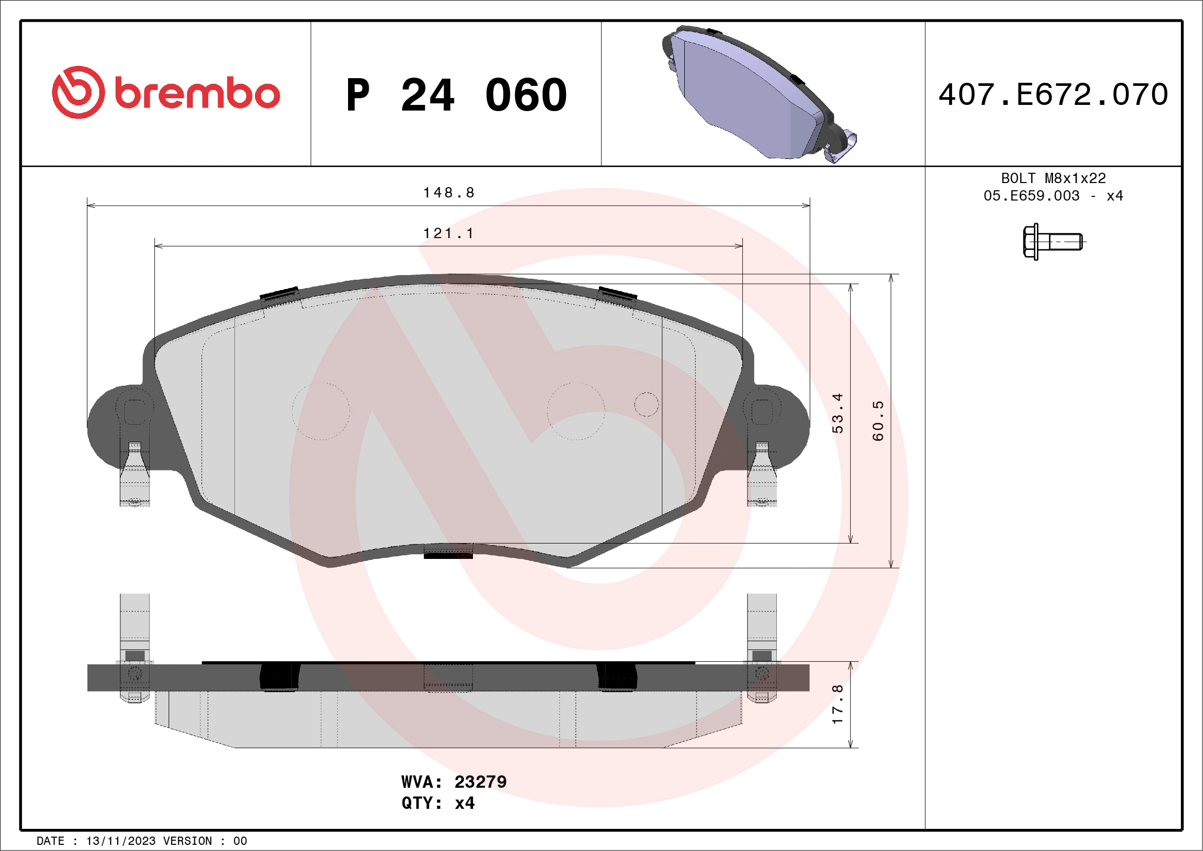 BREMBO fékbetétkészlet, tárcsafék - P 24 060 - TothCarparts