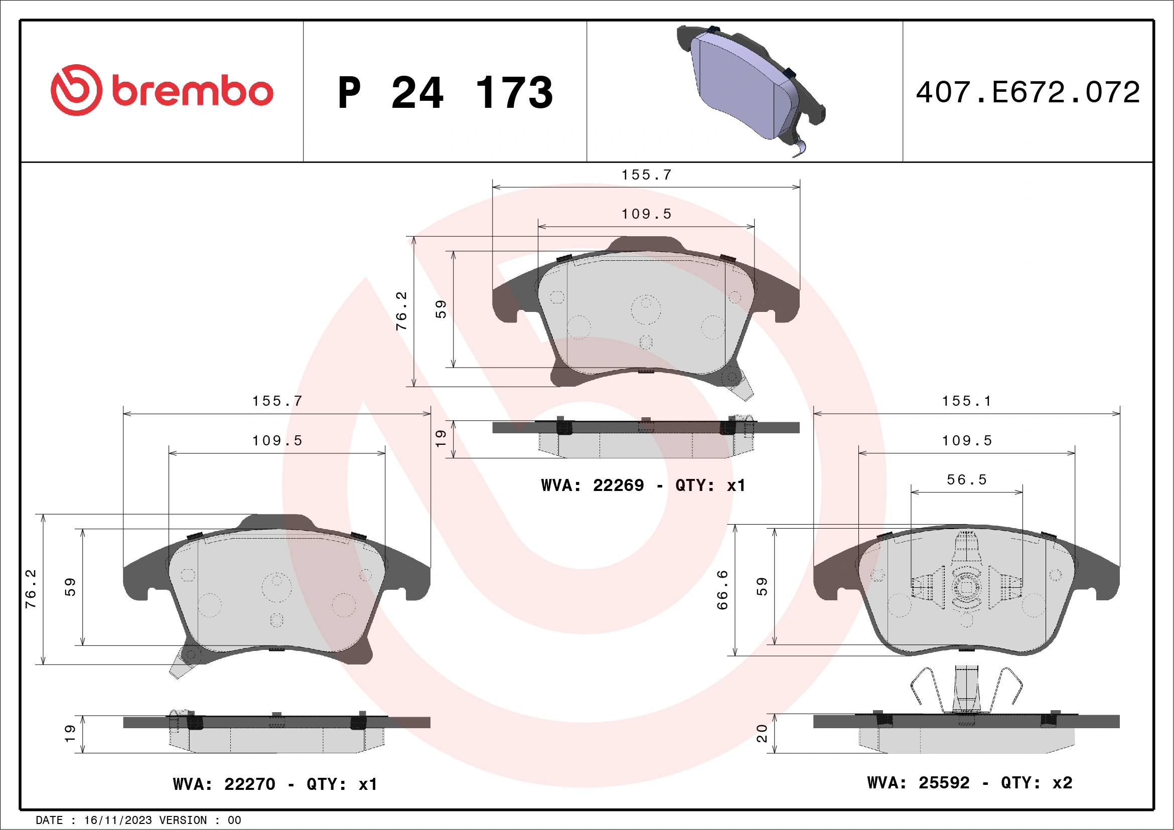 BREMBO fékbetétkészlet, tárcsafék - P 24 173 - TothCarparts