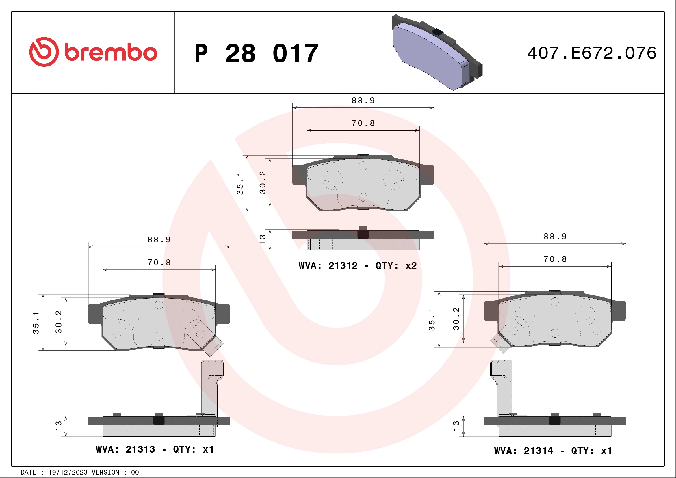 BREMBO fékbetétkészlet, tárcsafék - P 28 017 - TothCarparts