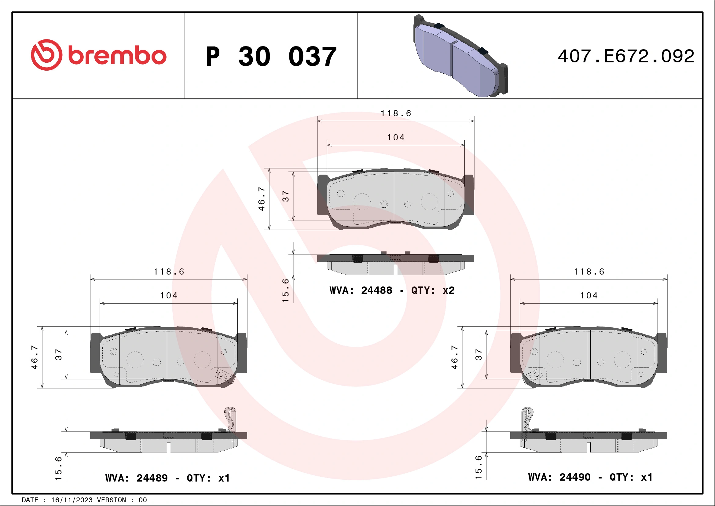 BREMBO fékbetétkészlet, tárcsafék - P 30 037 - TothCarparts
