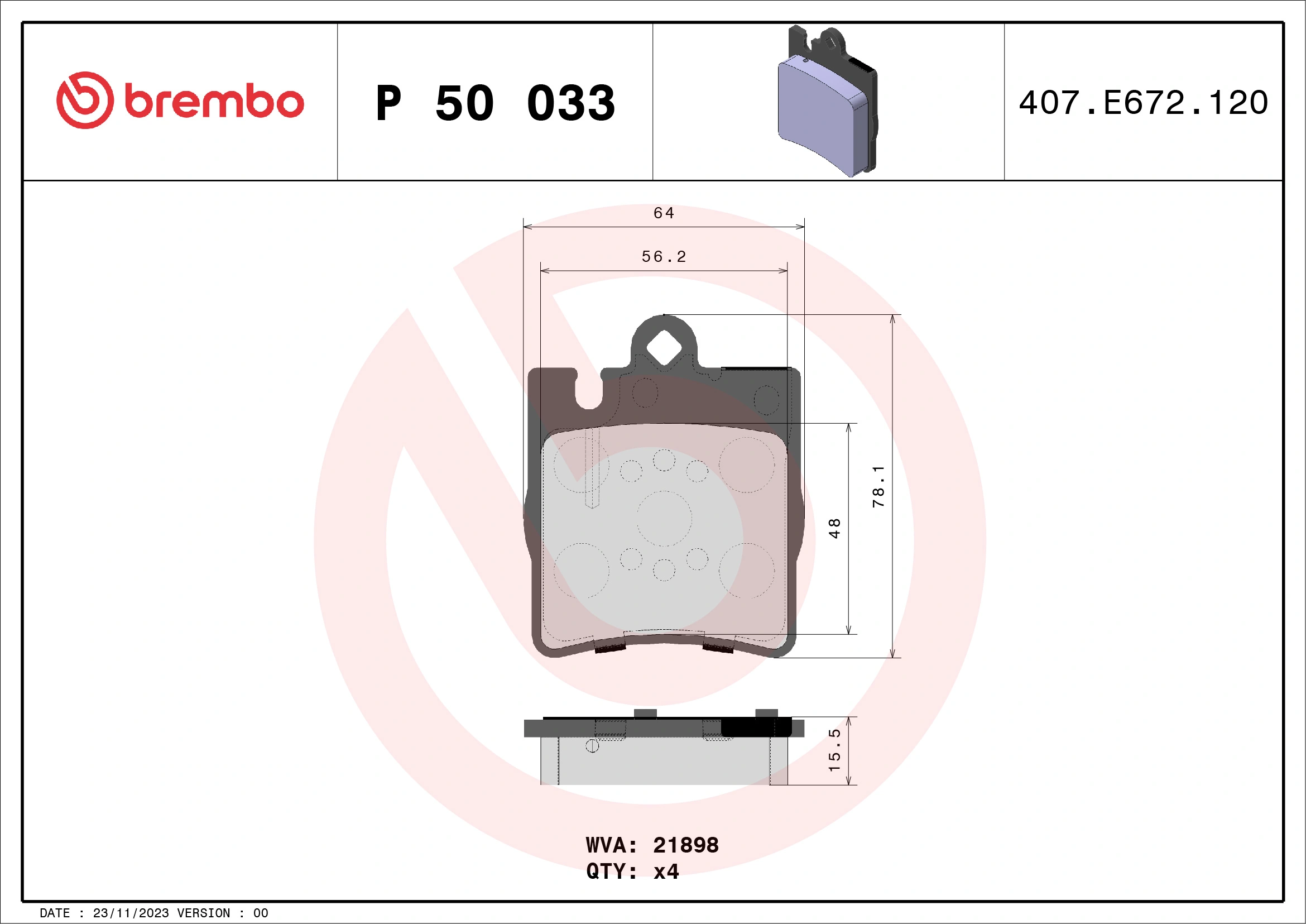 BREMBO fékbetétkészlet, tárcsafék - P 50 033X - TothCarparts
