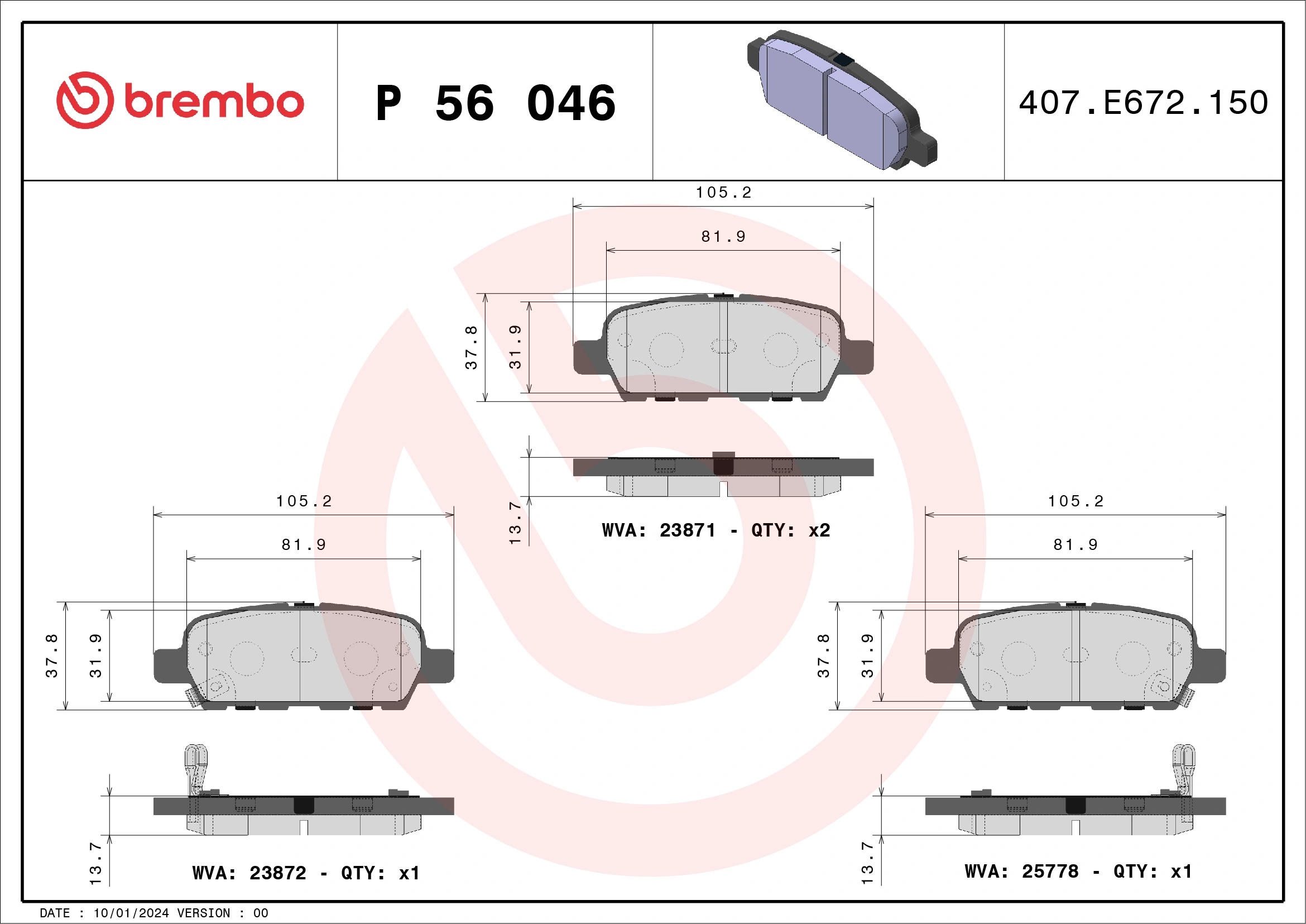 BREMBO fékbetétkészlet, tárcsafék - P 56 046 - TothCarparts