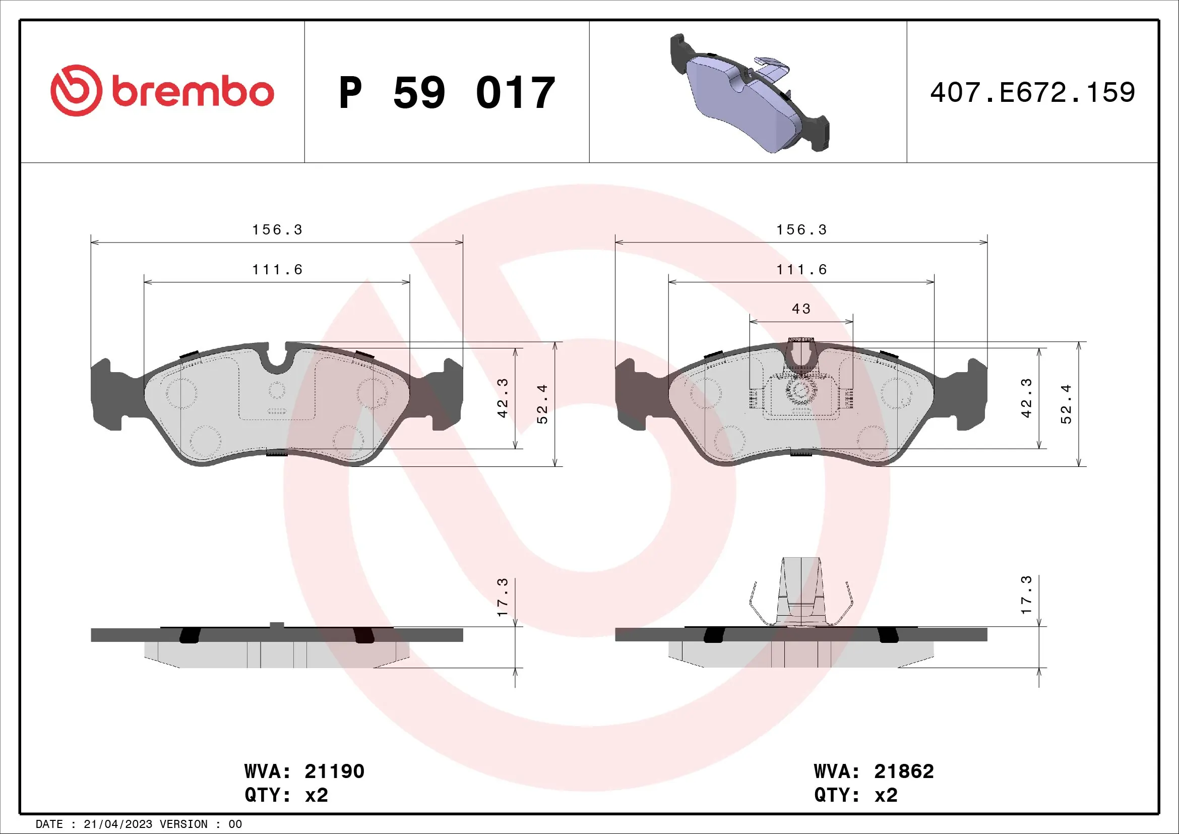 BREMBO fékbetétkészlet, tárcsafék - P 59 017 - TothCarparts