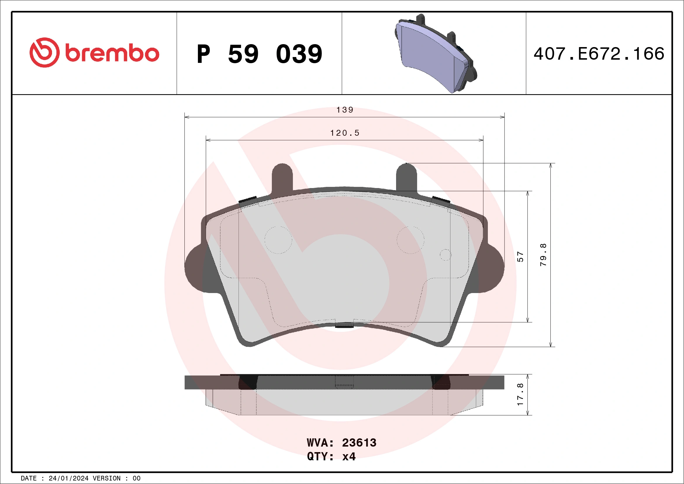 BREMBO fékbetétkészlet, tárcsafék - P 59 039 - TothCarparts