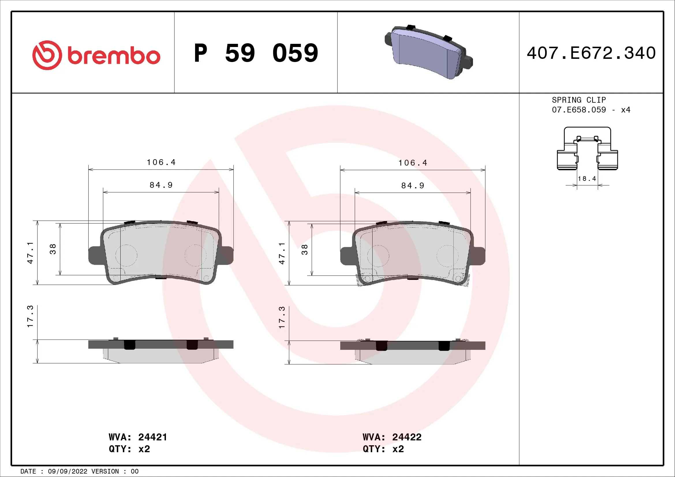 BREMBO fékbetétkészlet, tárcsafék - P 59 059 - TothCarparts
