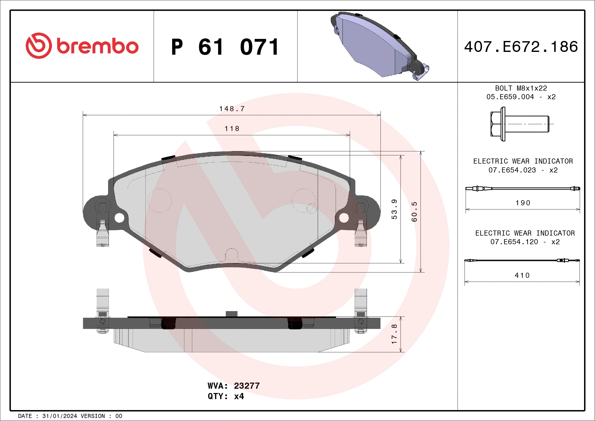 BREMBO fékbetétkészlet, tárcsafék - P 61 071 - TothCarparts