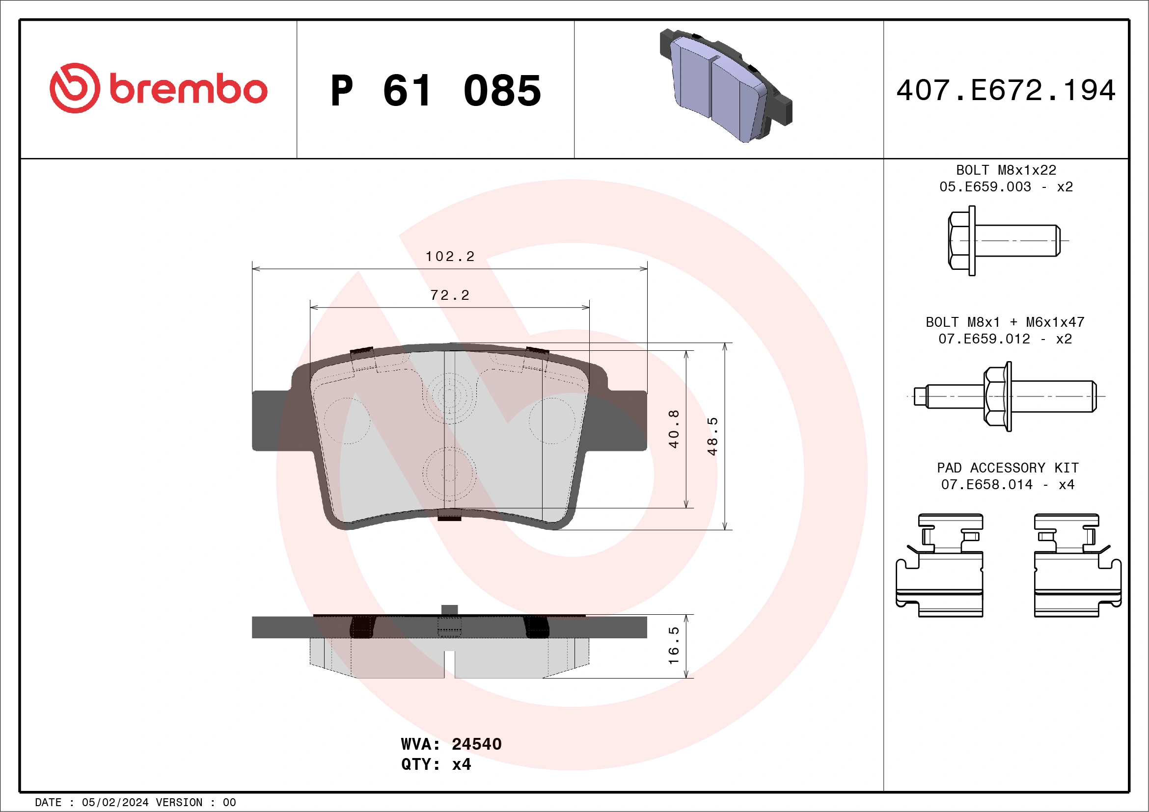 BREMBO fékbetétkészlet, tárcsafék - P 61 085 - TothCarparts
