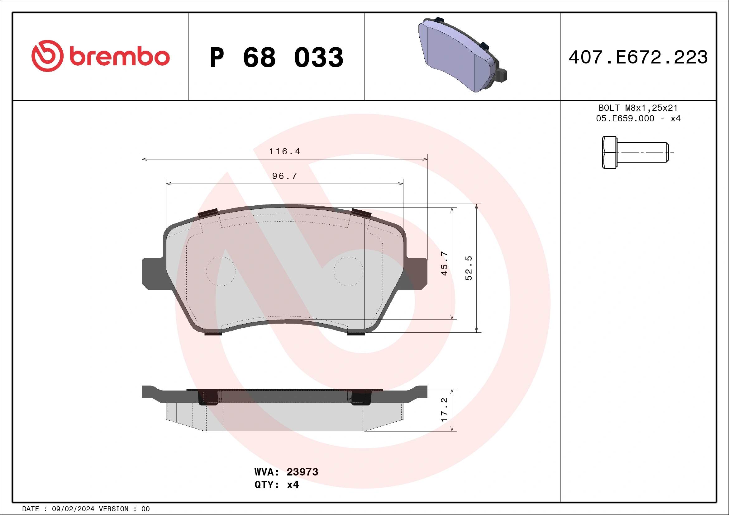 BREMBO fékbetétkészlet, tárcsafék - P 68 033X - TothCarparts