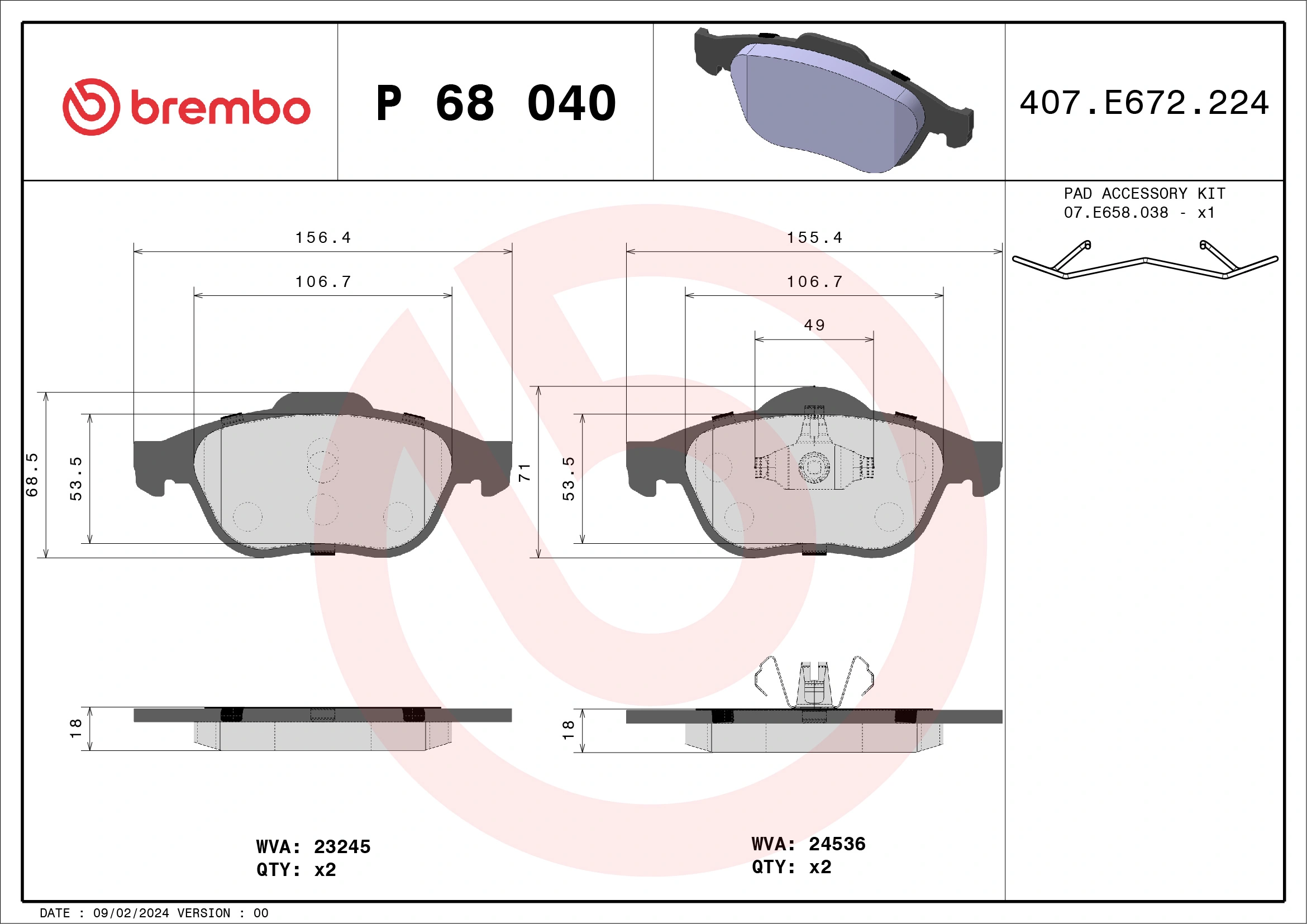 BREMBO fékbetétkészlet, tárcsafék - P 68 040 - TothCarparts