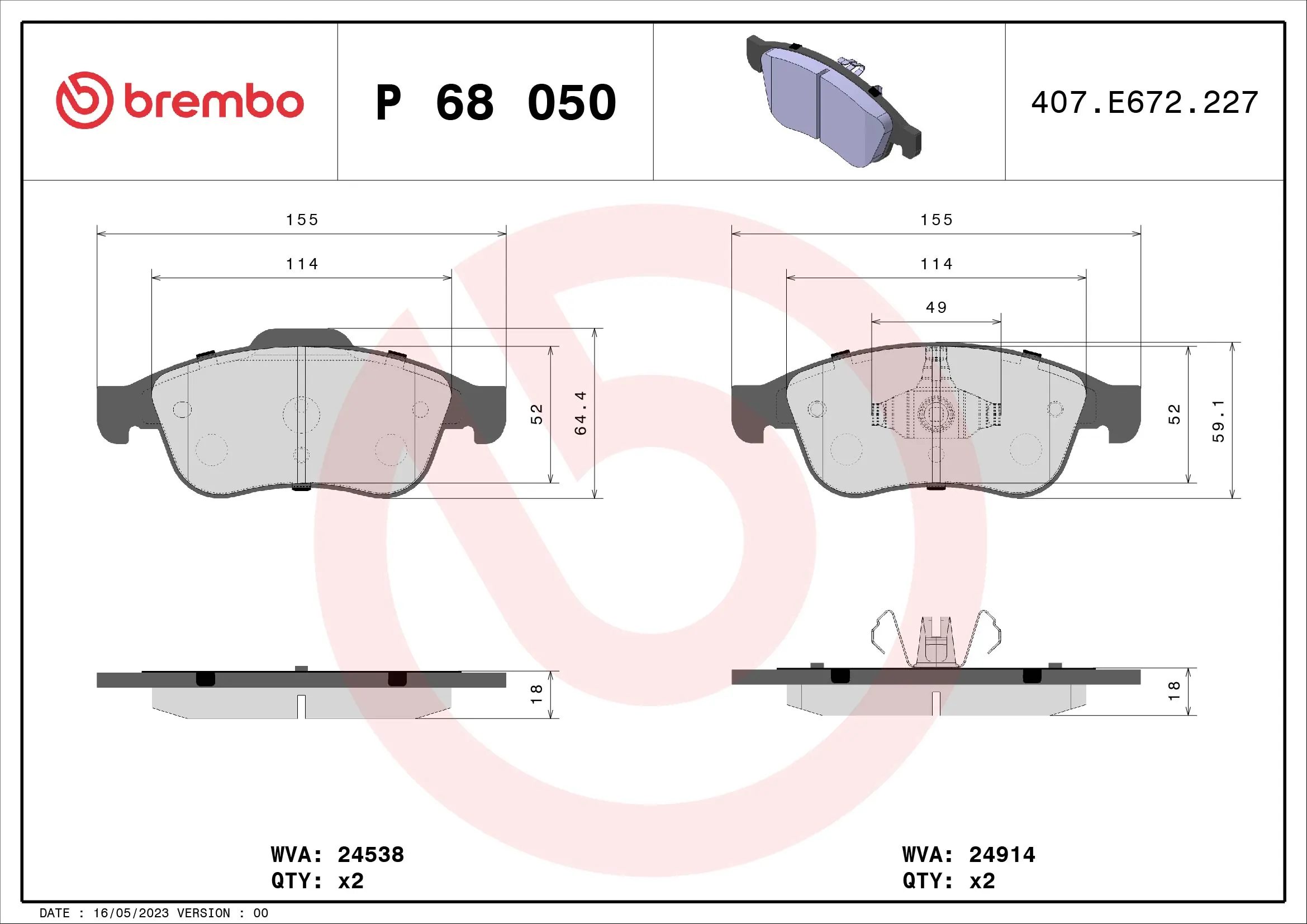 BREMBO fékbetétkészlet, tárcsafék - P 68 050X - TothCarparts