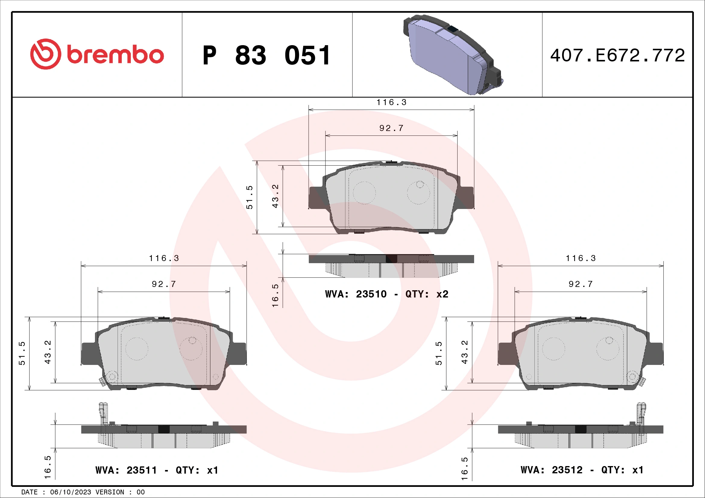BREMBO fékbetétkészlet, tárcsafék - P 83 051 - TothCarparts