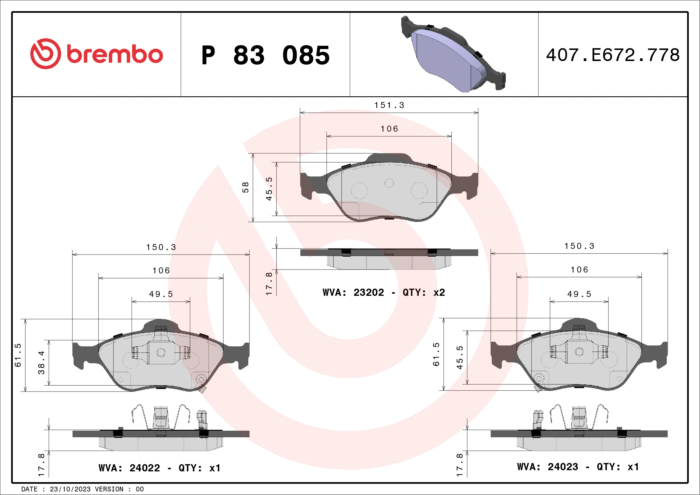 BREMBO fékbetétkészlet, tárcsafék - P 83 085 - TothCarparts