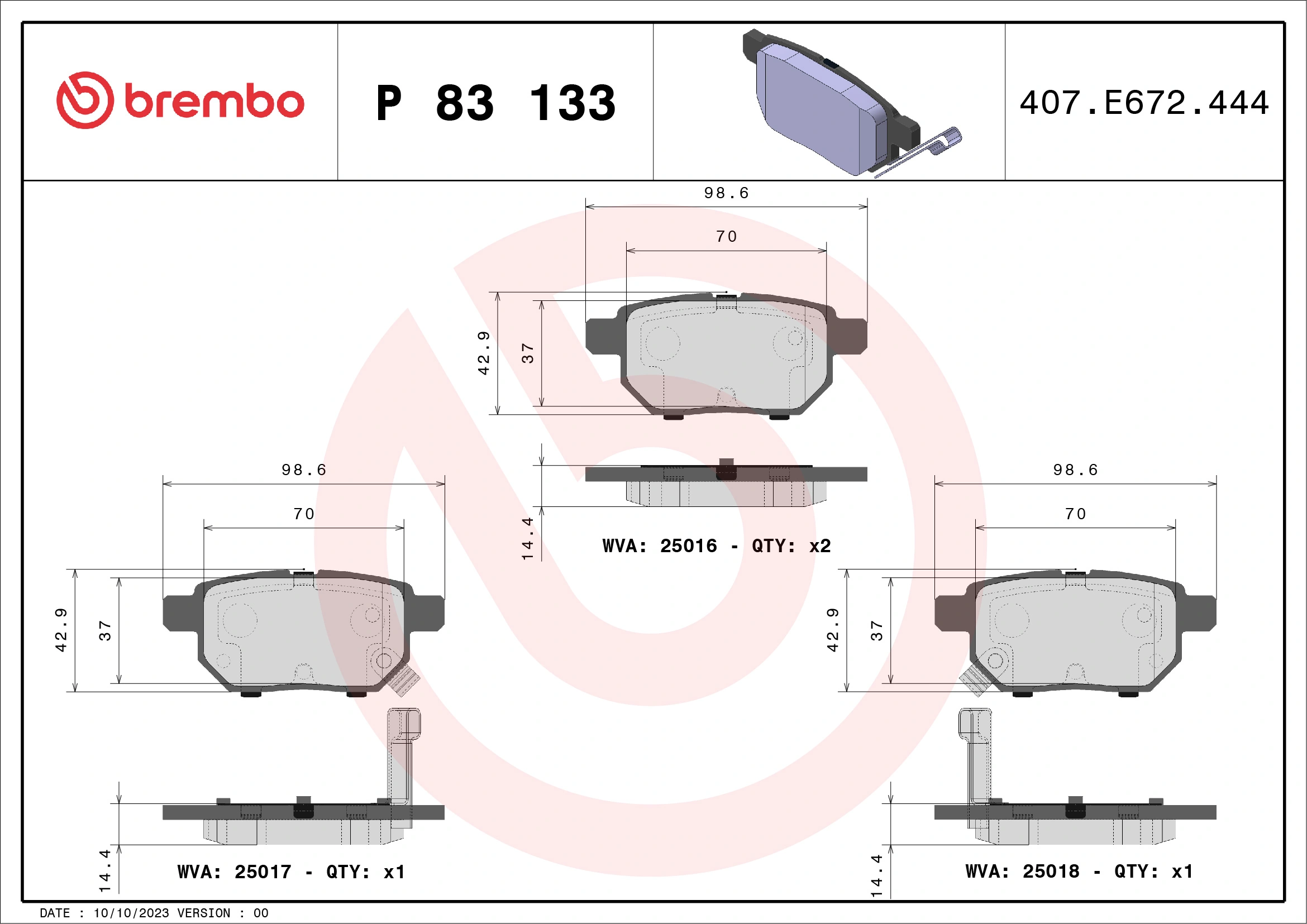 BREMBO fékbetétkészlet, tárcsafék - P 83 133 - TothCarparts