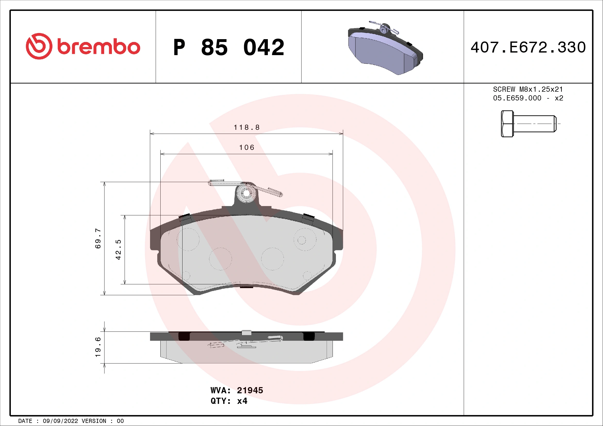 BREMBO fékbetétkészlet, tárcsafék - P 85 042 - TothCarparts