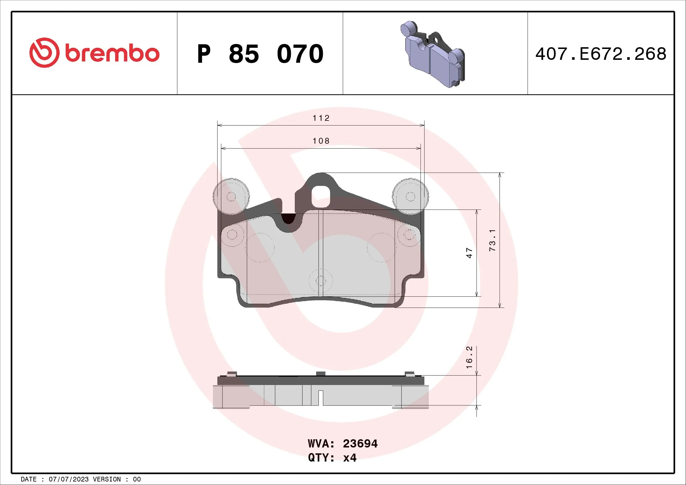 BREMBO fékbetétkészlet, tárcsafék - P 85 070 - TothCarparts
