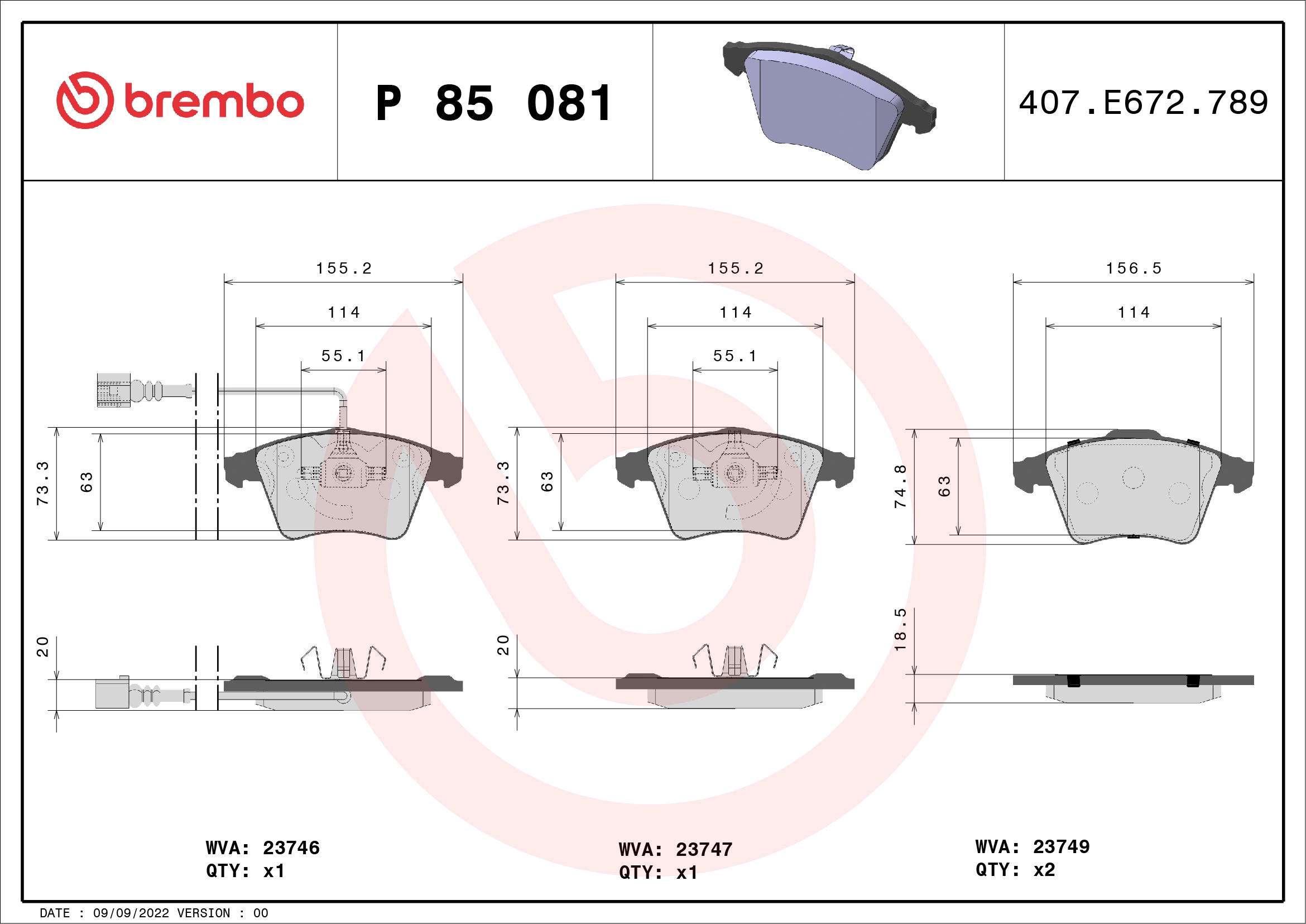 BREMBO fékbetétkészlet, tárcsafék - P 85 081 - TothCarparts