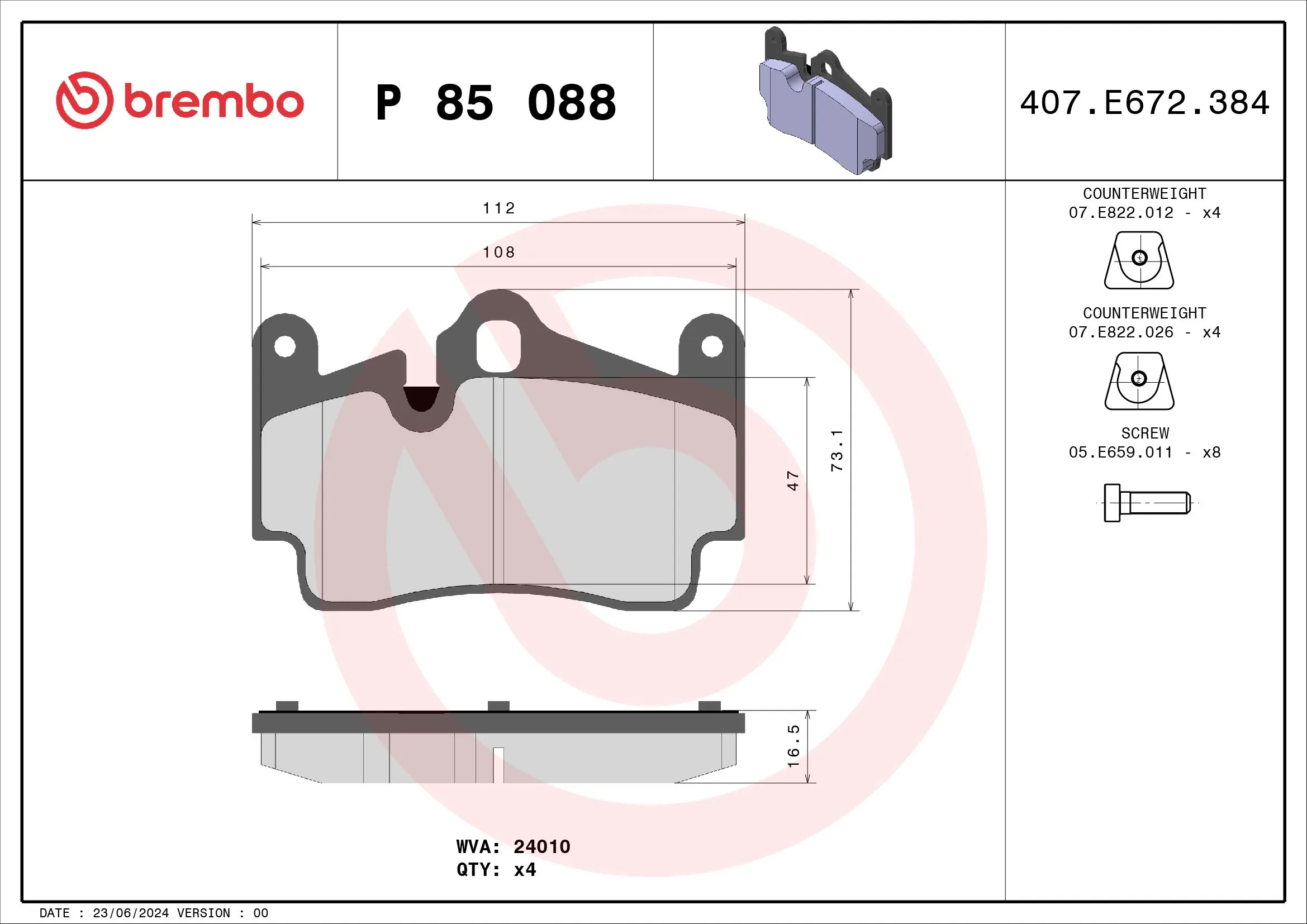 BREMBO fékbetétkészlet, tárcsafék - P 85 088 - TothCarparts