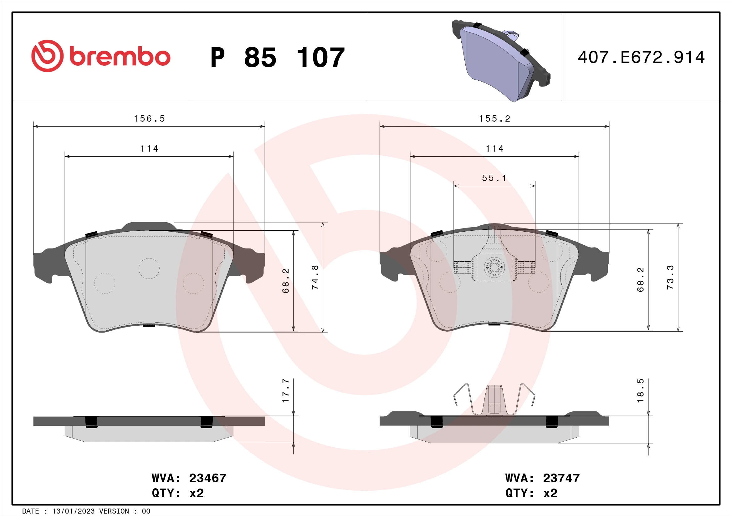 BREMBO fékbetétkészlet, tárcsafék - P 85 107 - TothCarparts