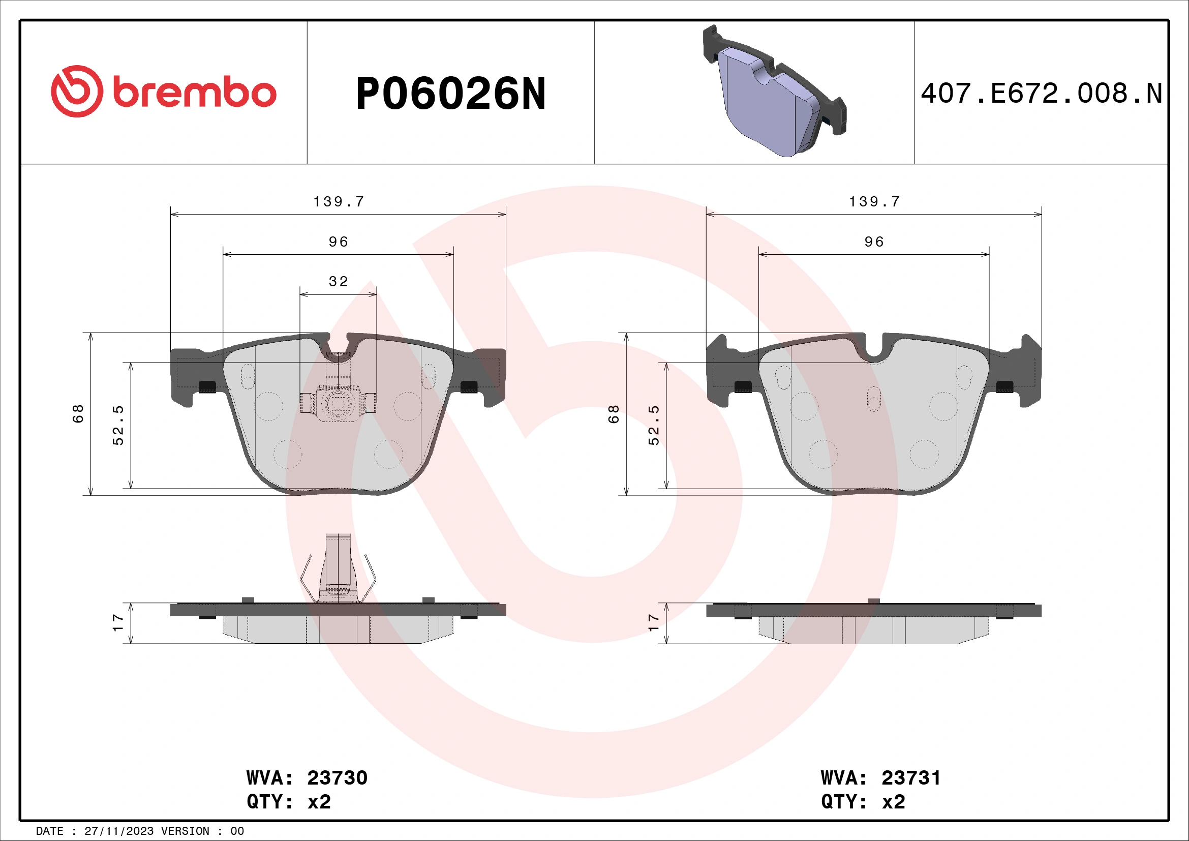 BREMBO fékbetétkészlet, tárcsafék - P06026N - TothCarparts