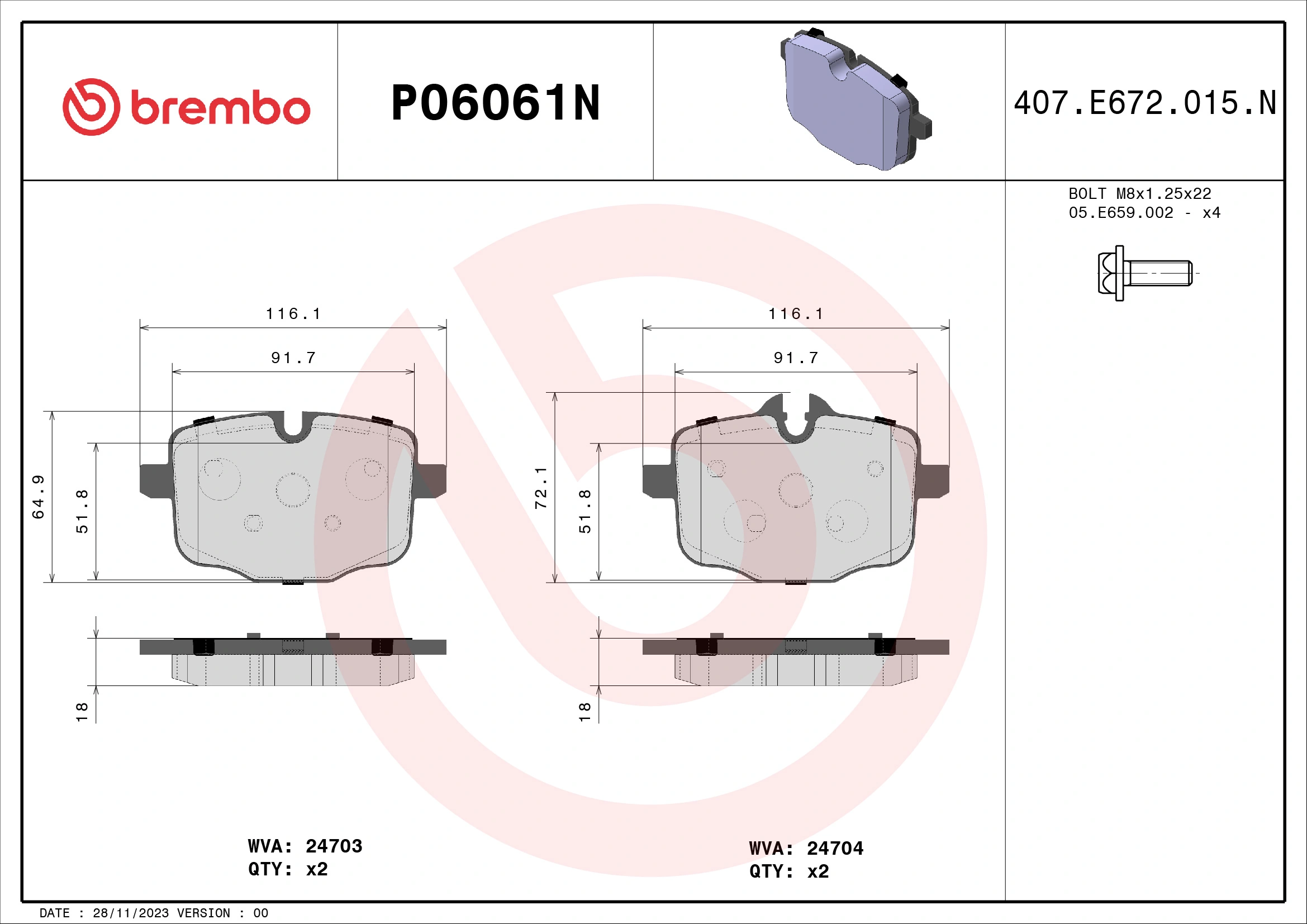 BREMBO fékbetétkészlet, tárcsafék - P06061N - TothCarparts