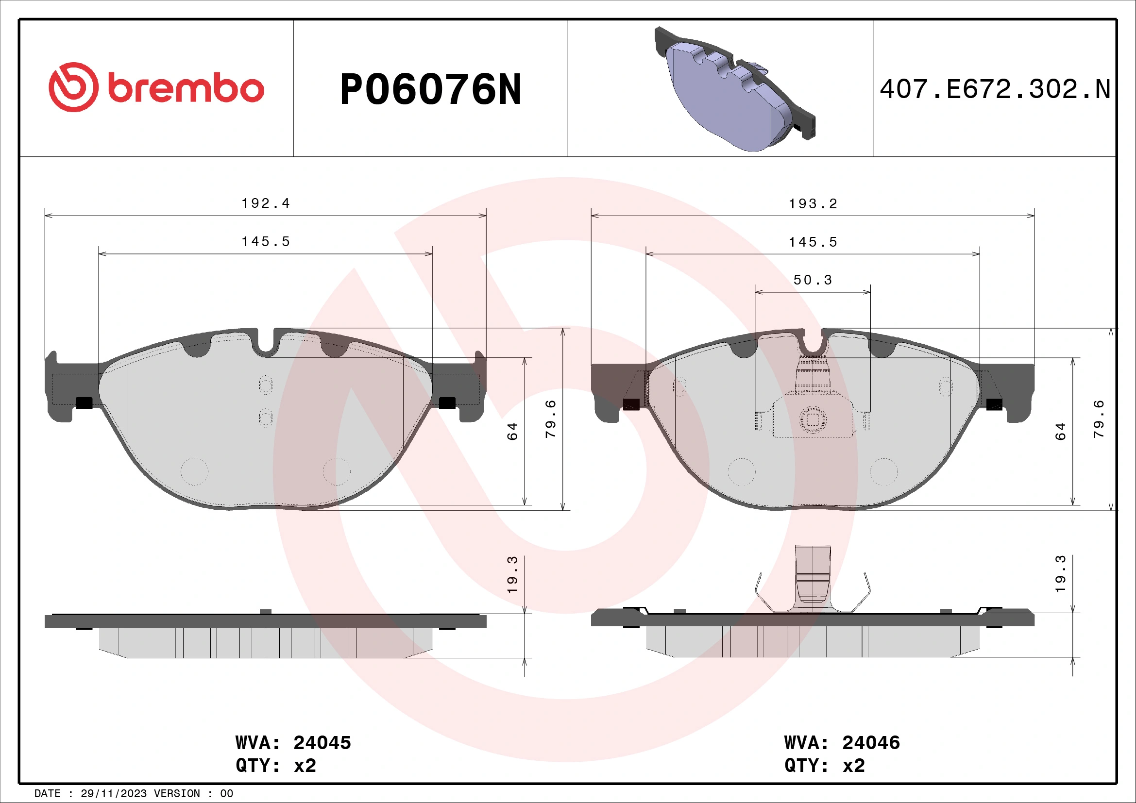 BREMBO fékbetétkészlet, tárcsafék - P06076N - TothCarparts
