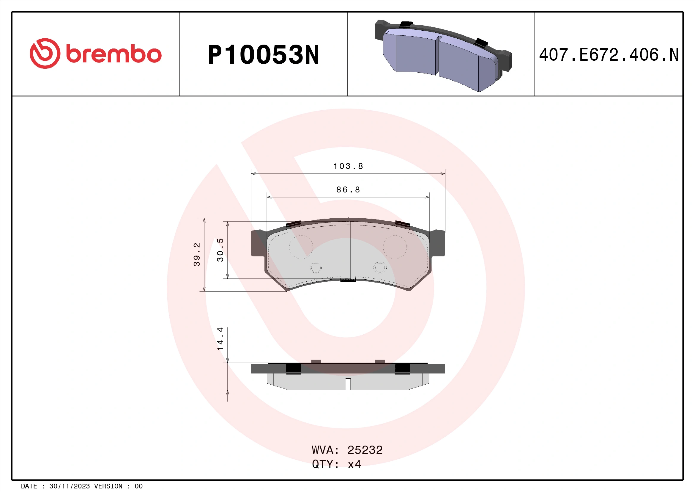 BREMBO fékbetétkészlet, tárcsafék - P10053N - TothCarparts