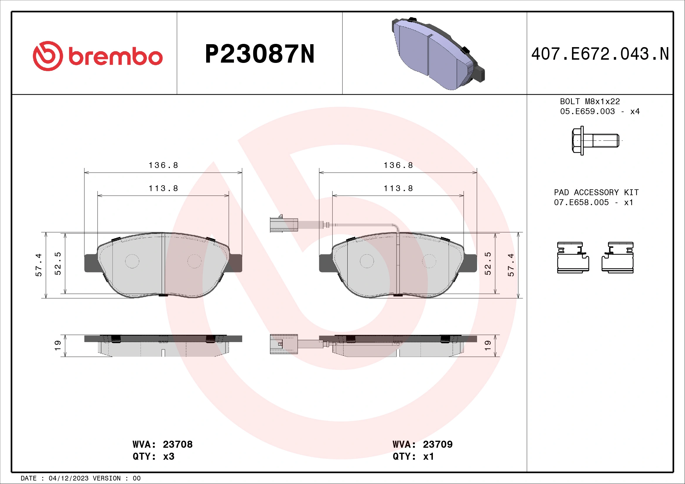 BREMBO fékbetétkészlet, tárcsafék - P23087N - TothCarparts