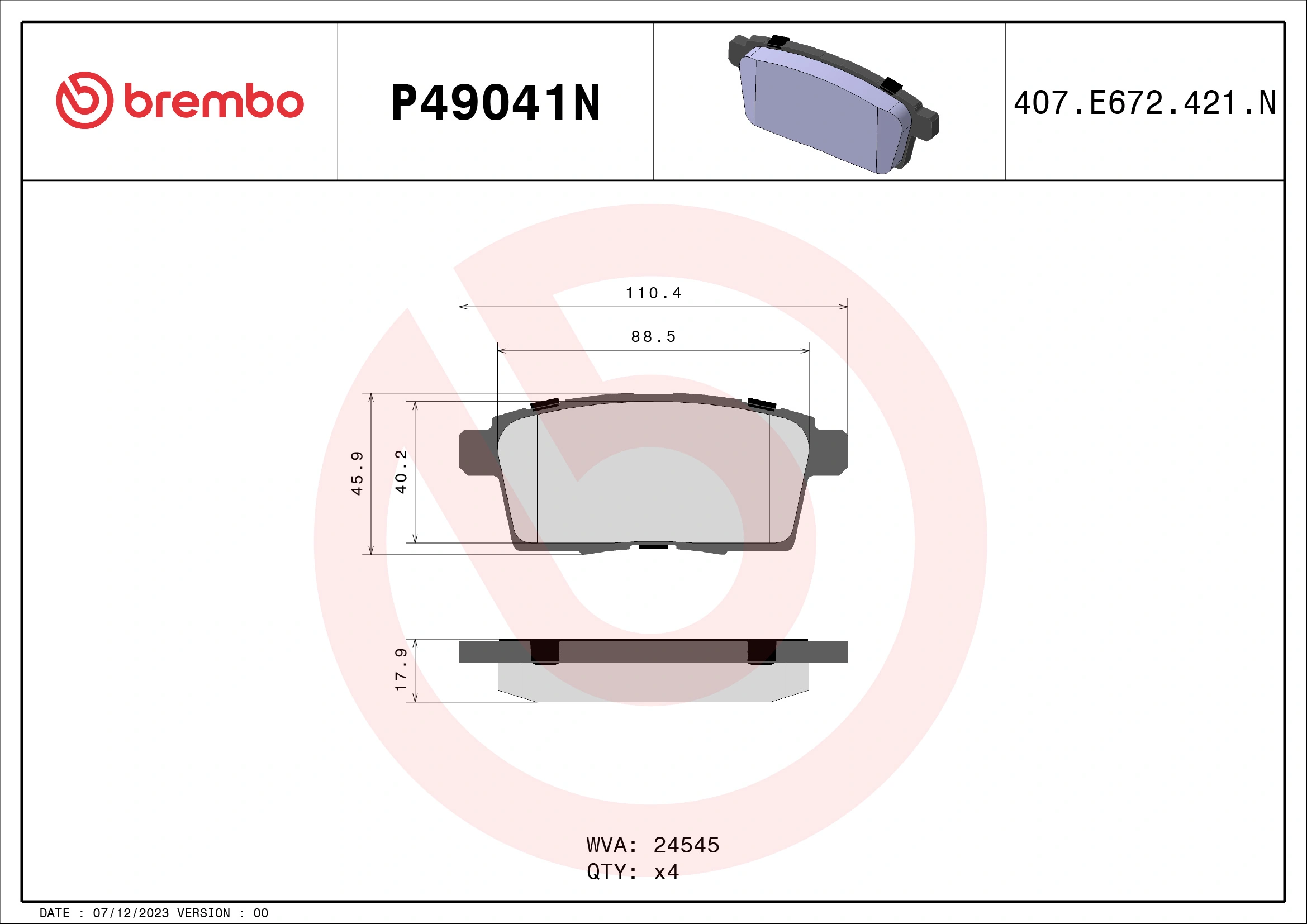 BREMBO fékbetétkészlet, tárcsafék - P49041N - TothCarparts