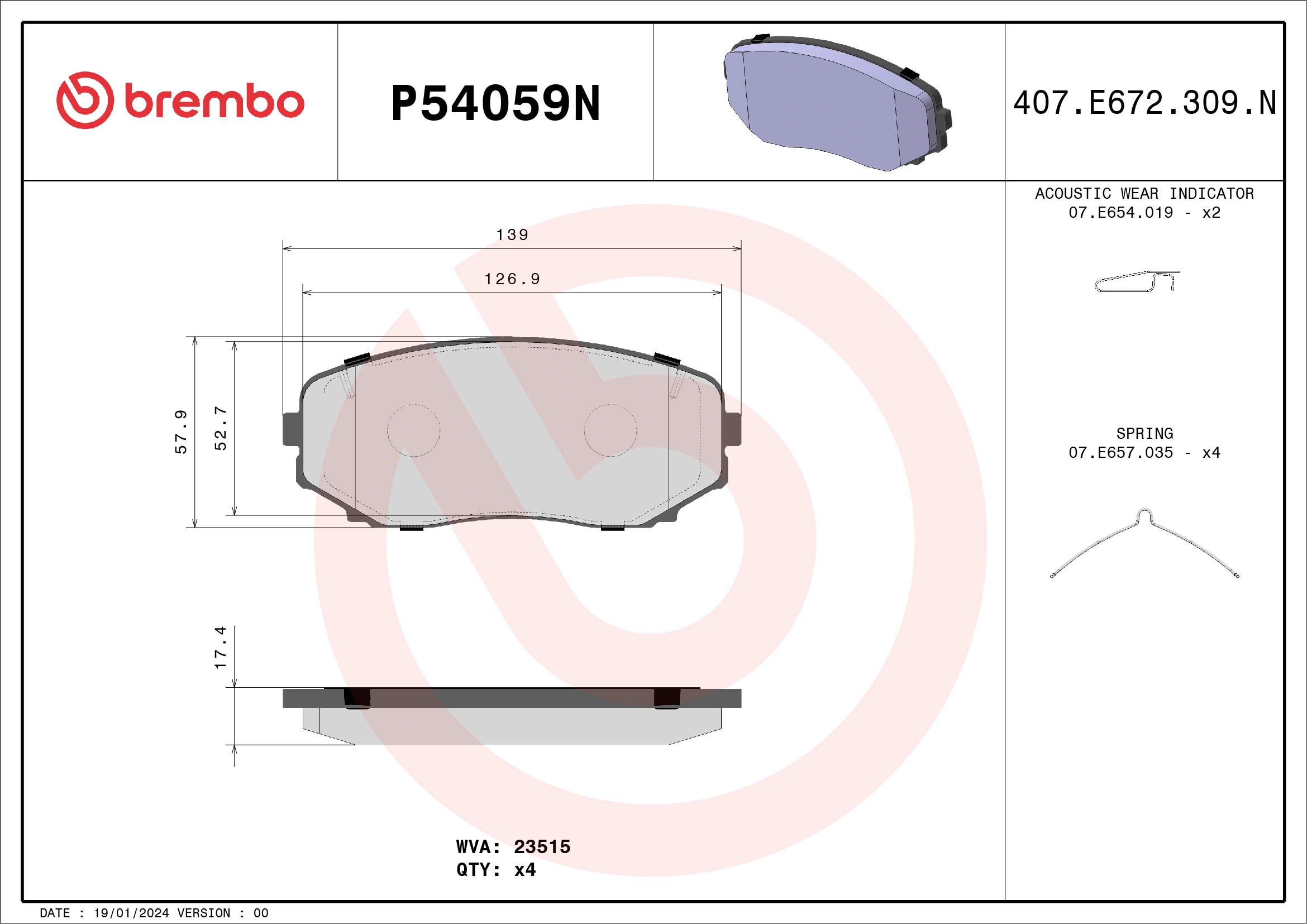 BREMBO fékbetétkészlet, tárcsafék - P54059N - TothCarparts